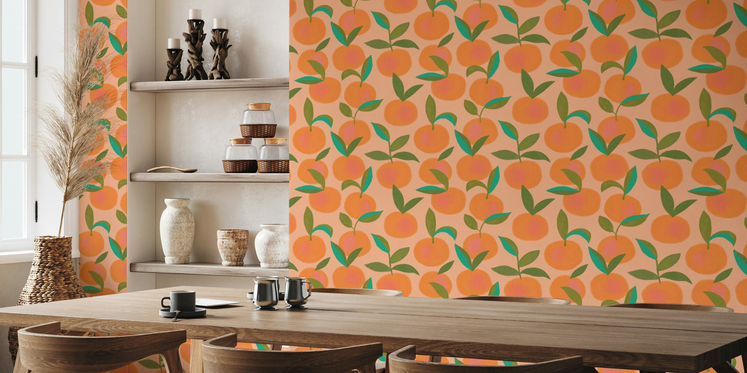 Orange citrus fruits with green leaves on soft peach background wallpaper