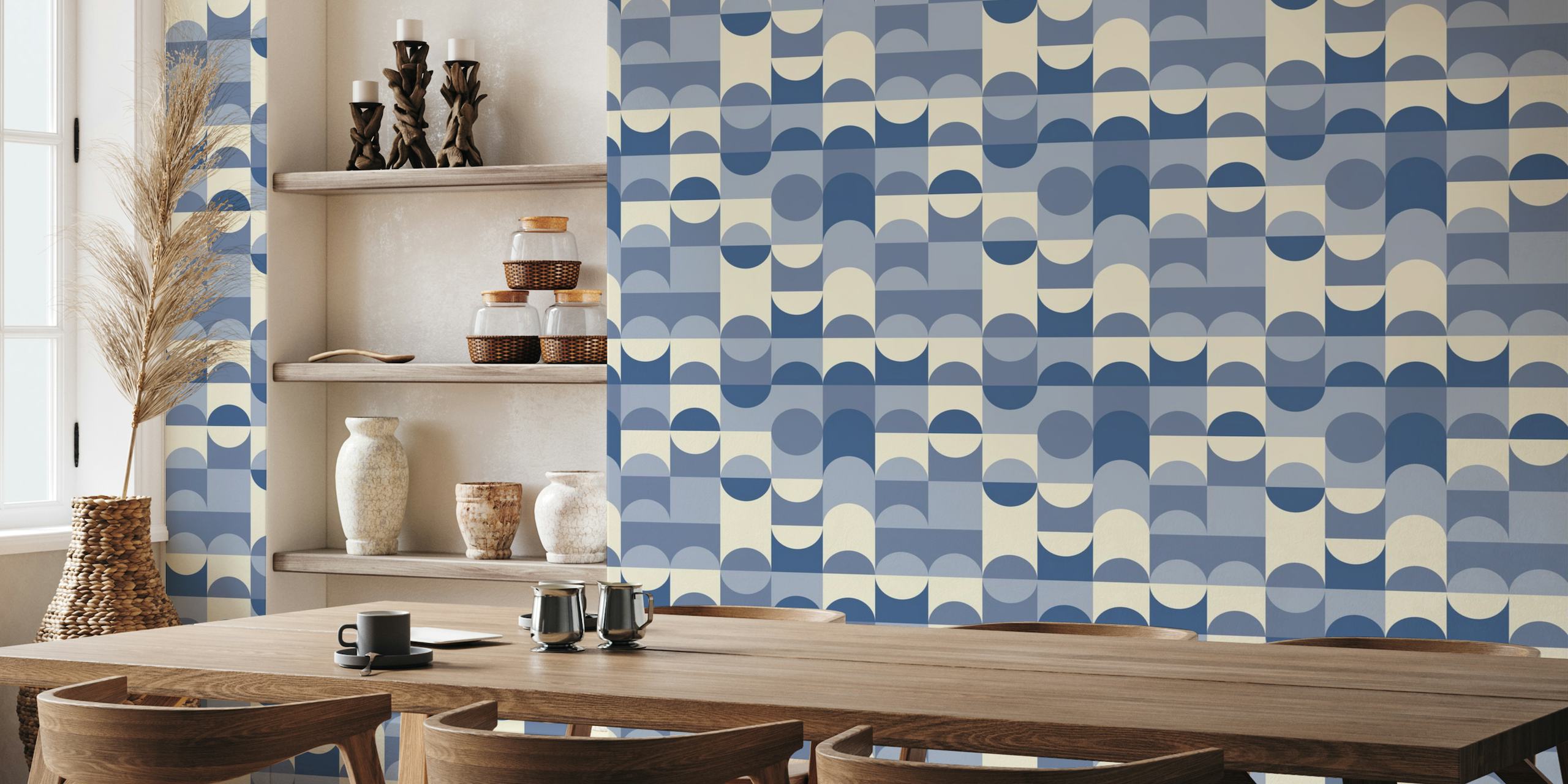 Retro Shapes Pattern Blue Beige III wallpaper