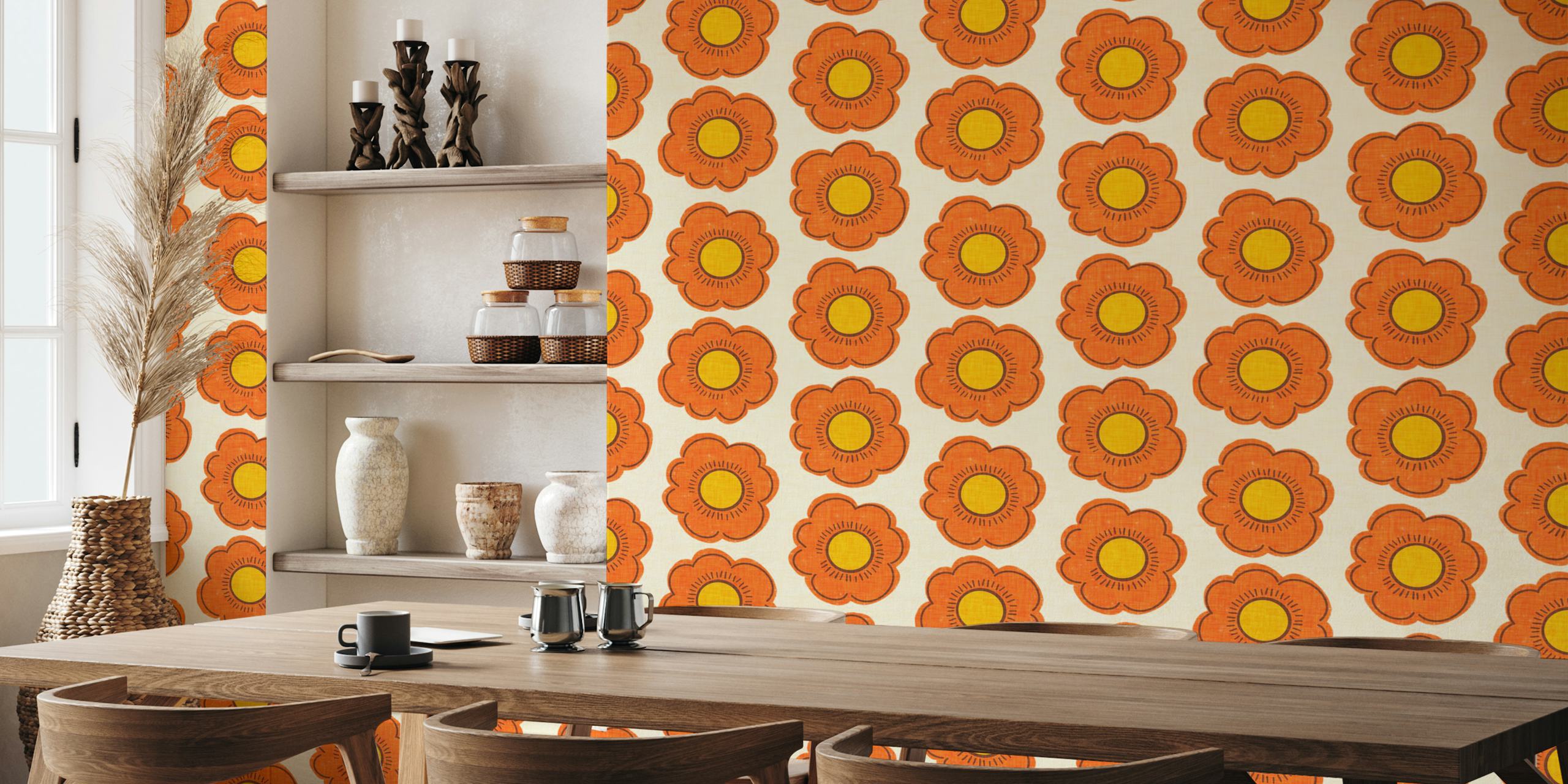 Retro 70s style flower pattern wall mural in beige, orange, and yellow