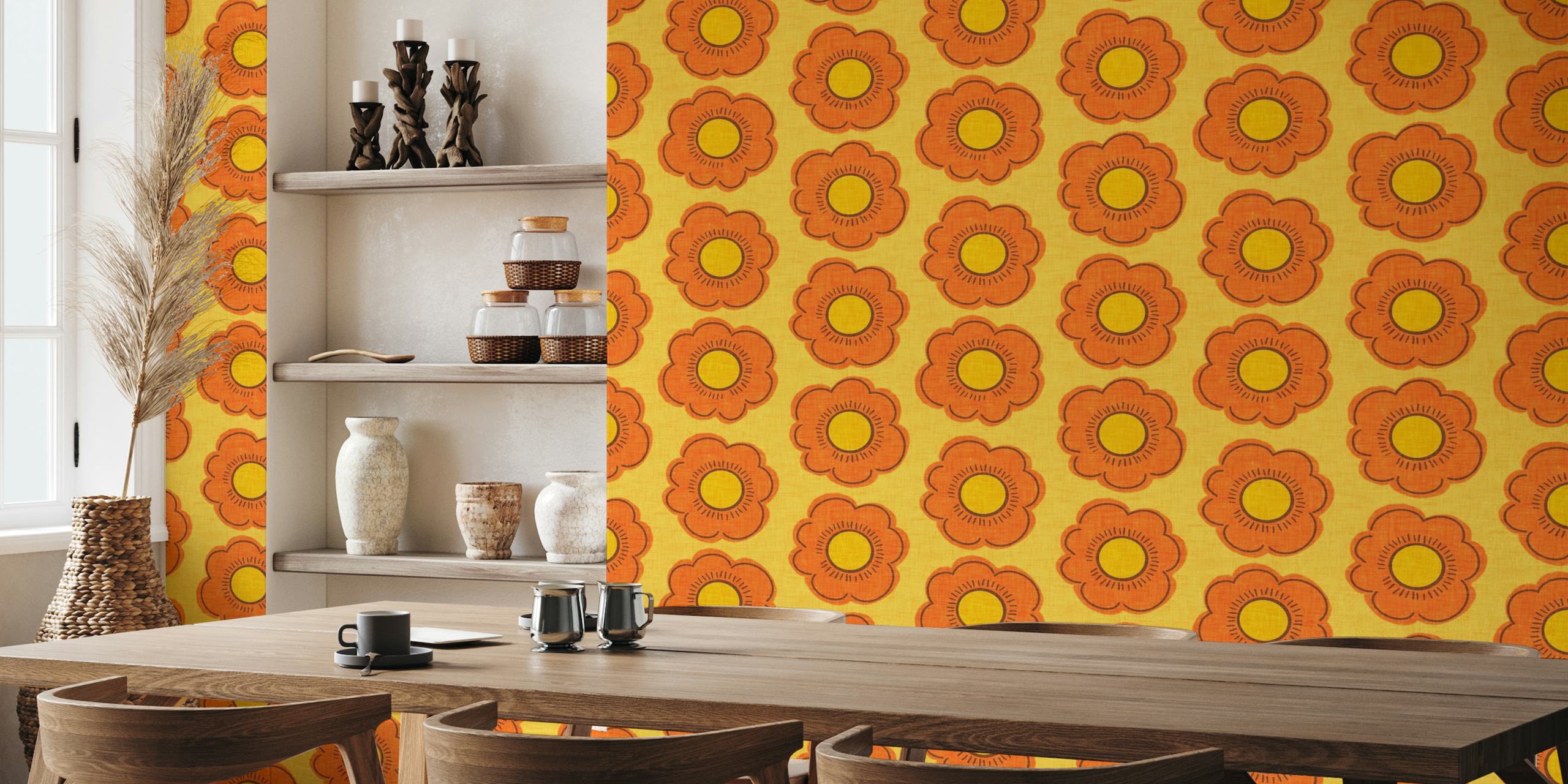 70s Flower Yellow wall mural with mid-century floral design