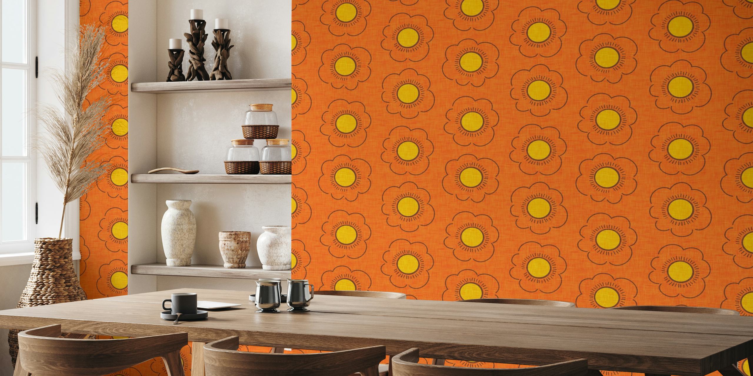 Fotomural vinílico de parede floral laranja inspirado nos anos 70 com design de meados do século