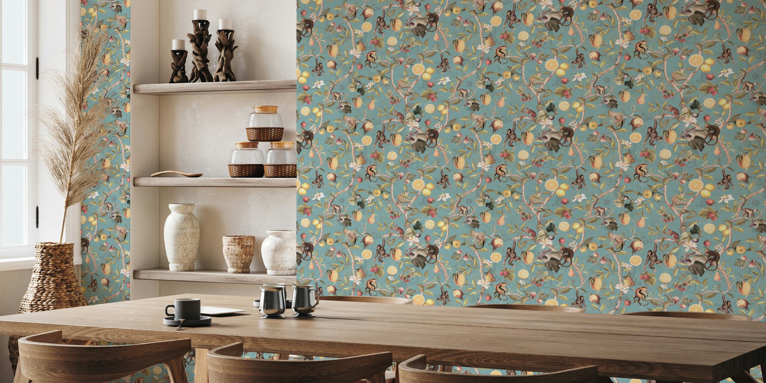 Playful monkeys amidst lush greenery and colorful fruits on Monkeys Chinoiserie Jungle 2 wall mural