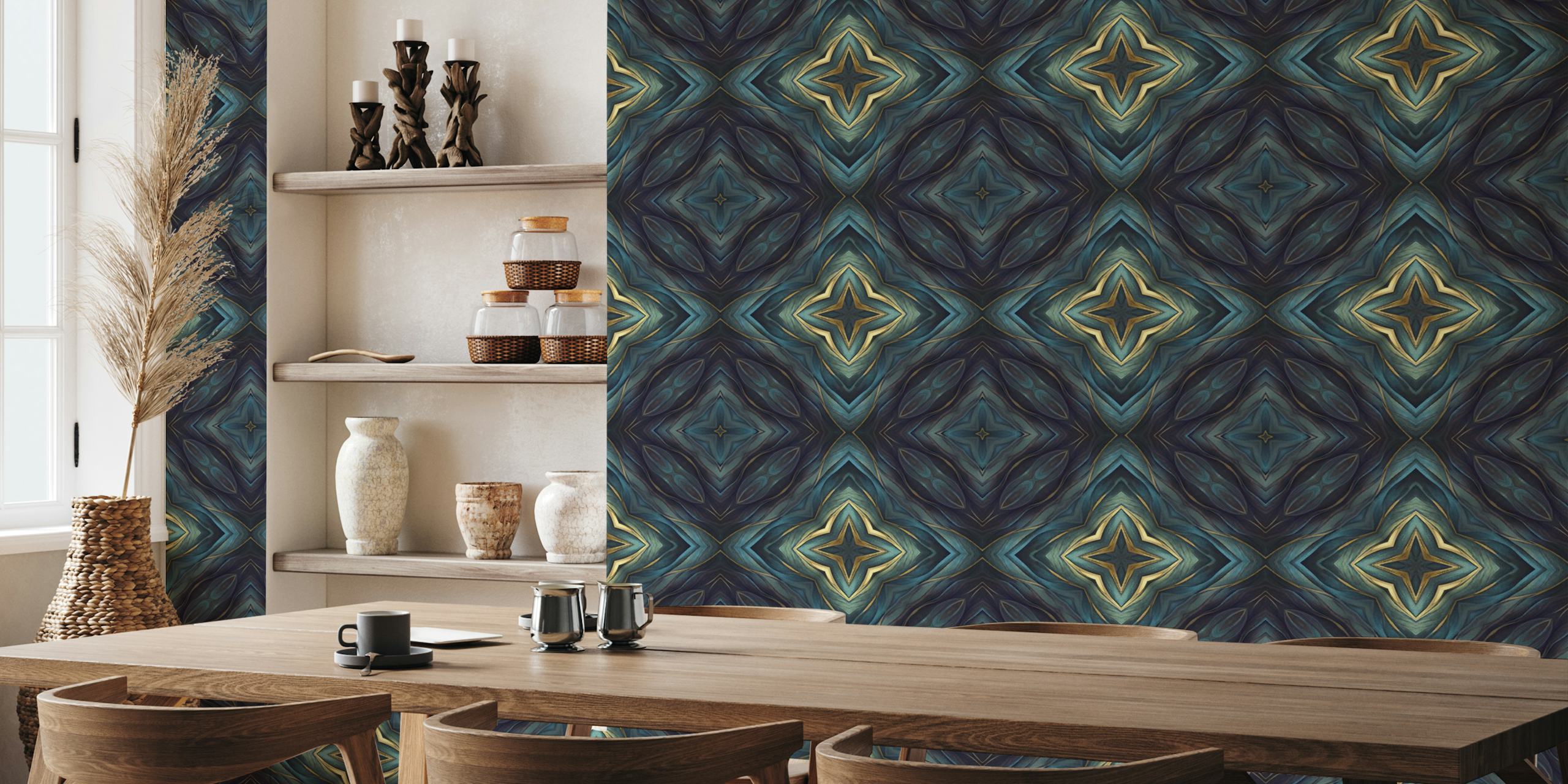 Artisanal Mediterranean Tile Design in blue and gold hues wall mural