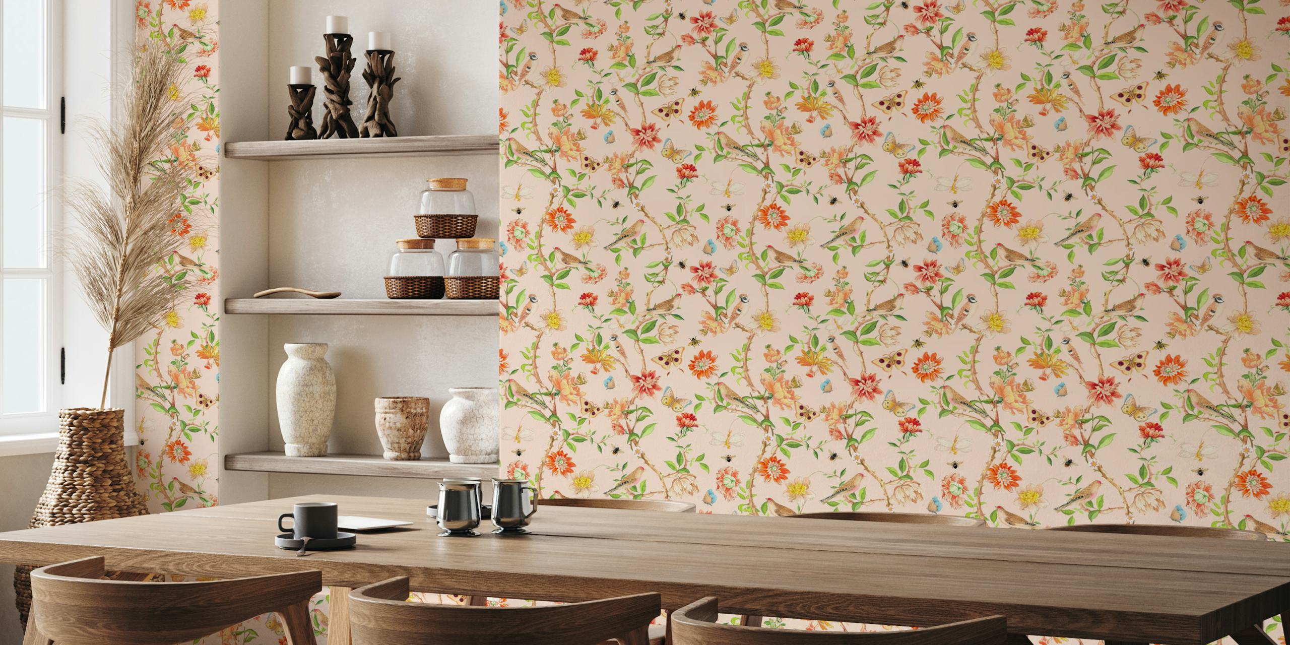 Colorful floral wallpaper with birds and butterflies on a soft pink backdrop
