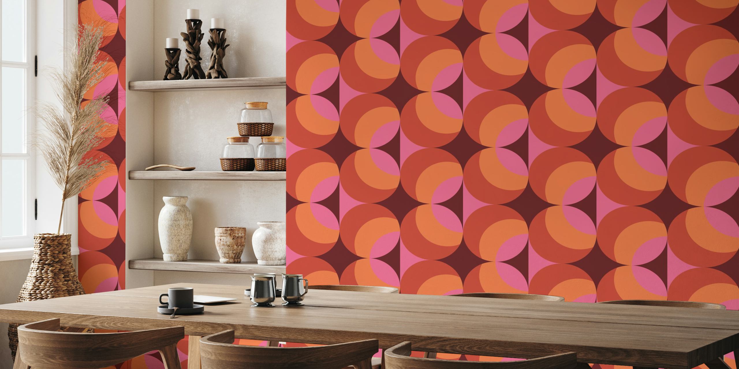 Retro Mid Century geometric design wall mural with warm earthy tones
