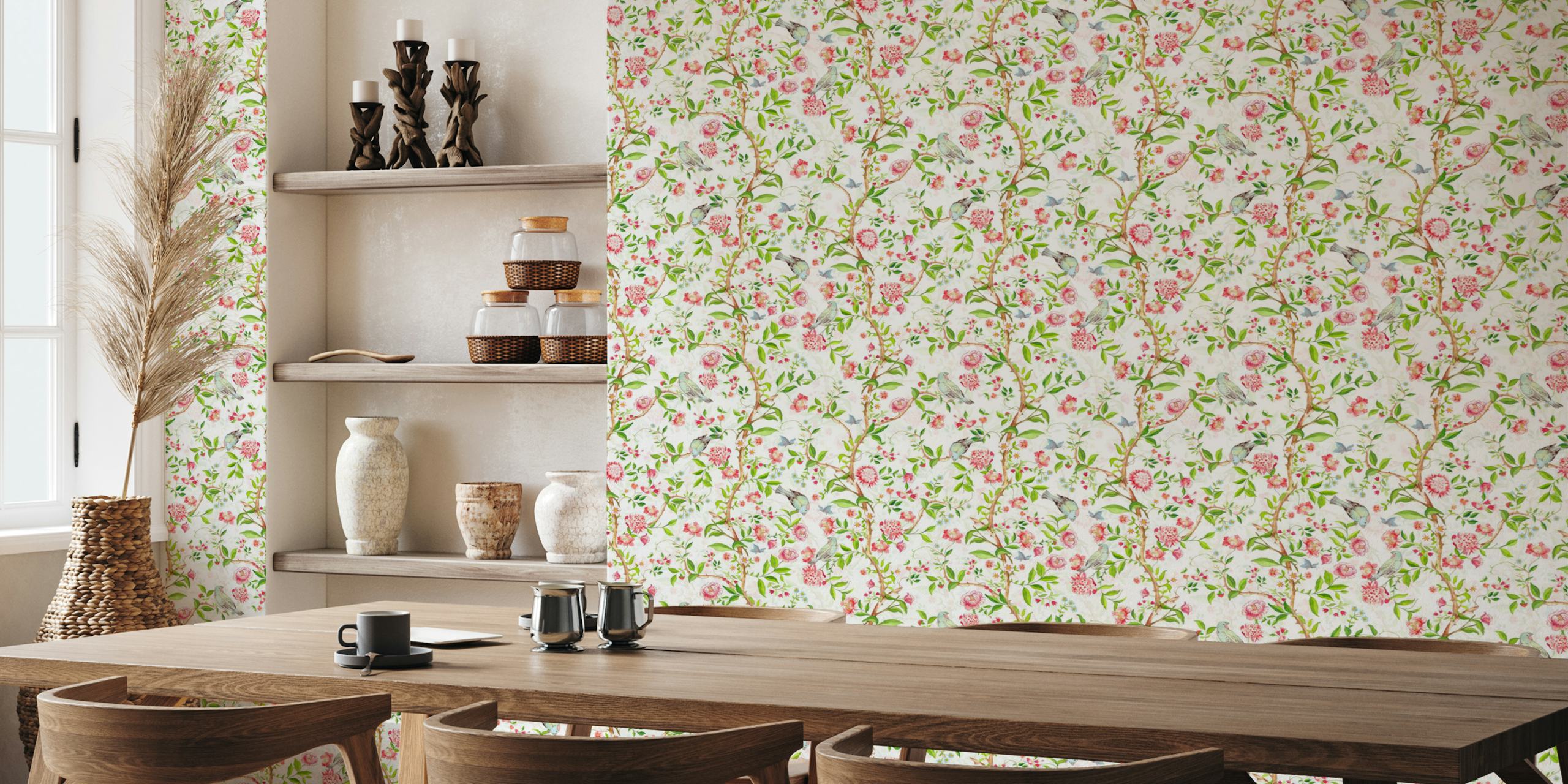 Pastel floral wallpaper with birds and pink flowers