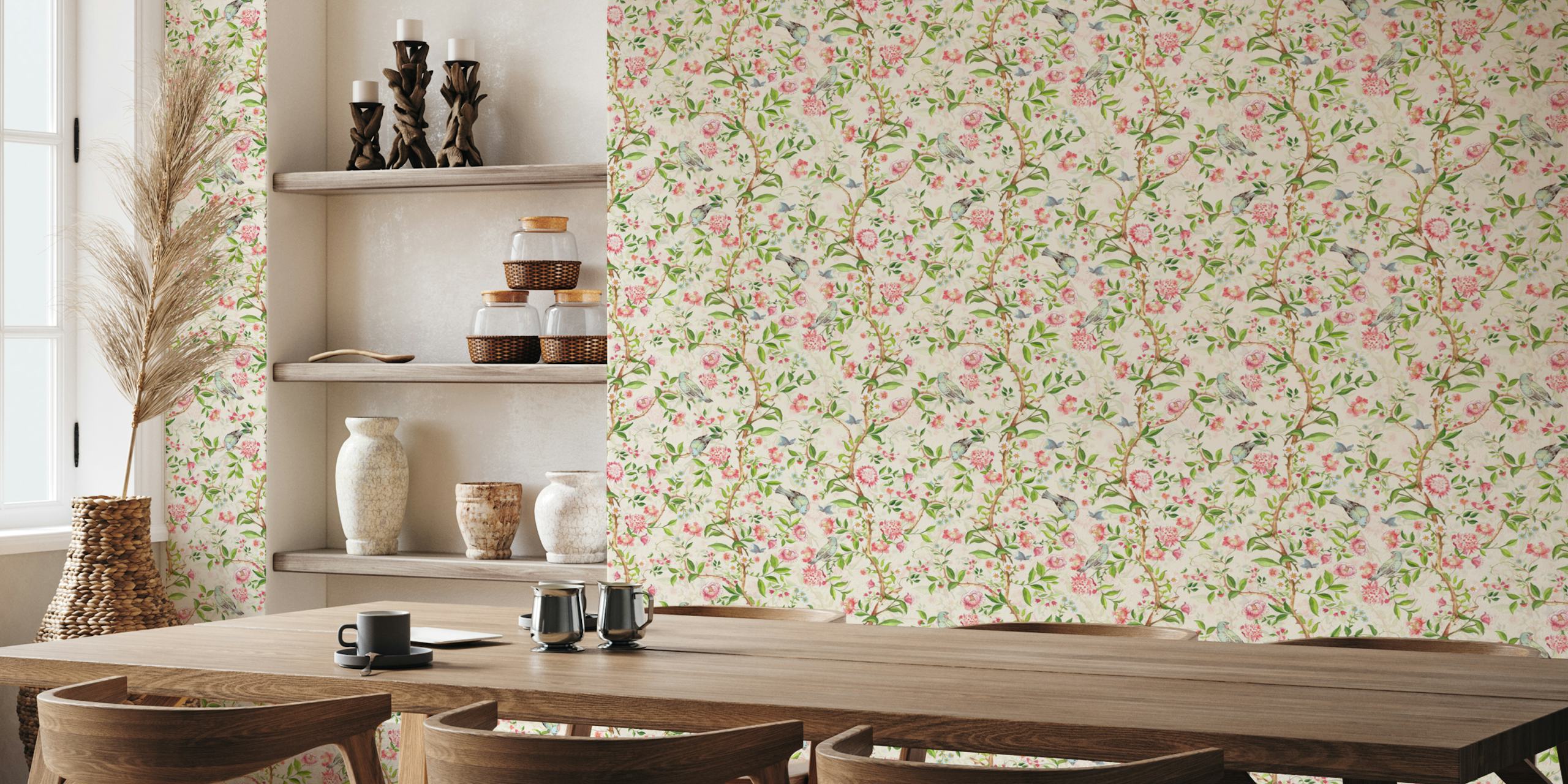 Airy and elegant Blush Chinoiserie Garden wall mural with blooming flowers and birds.