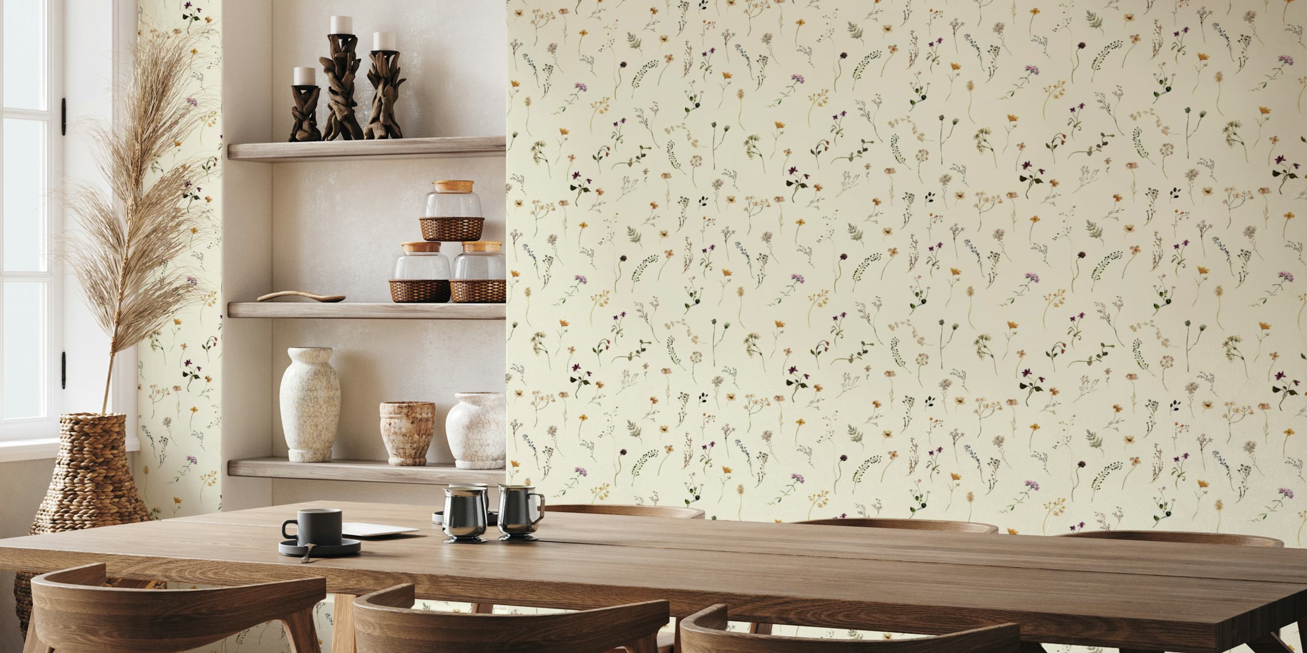 Delicate floral pattern in pastel colors on cream wallpaper