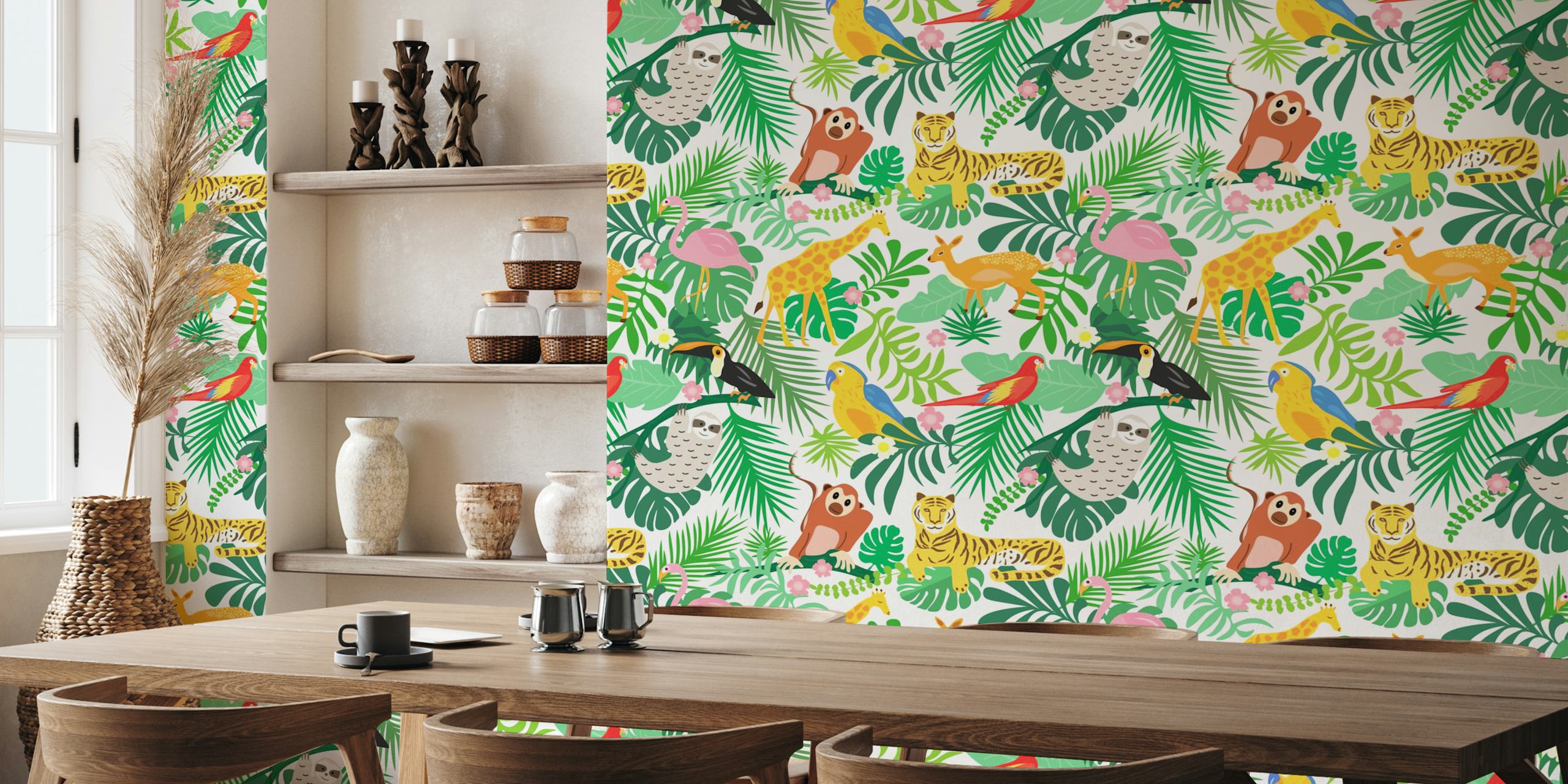 Colorful jungle animals on green foliage wallpaper