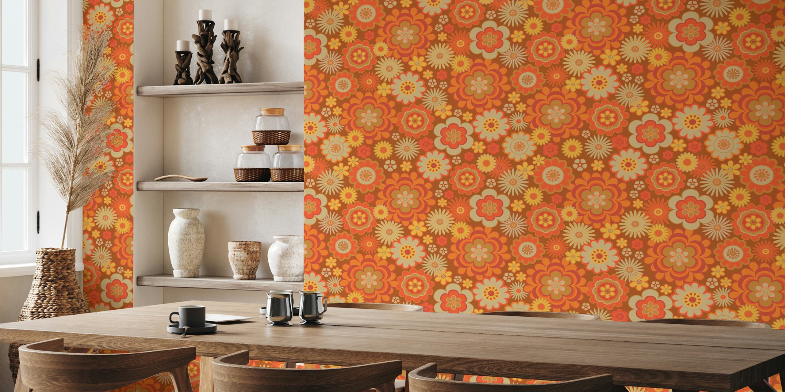 Large retro floral patterns in orange, yellow, and beige tones wallpaper