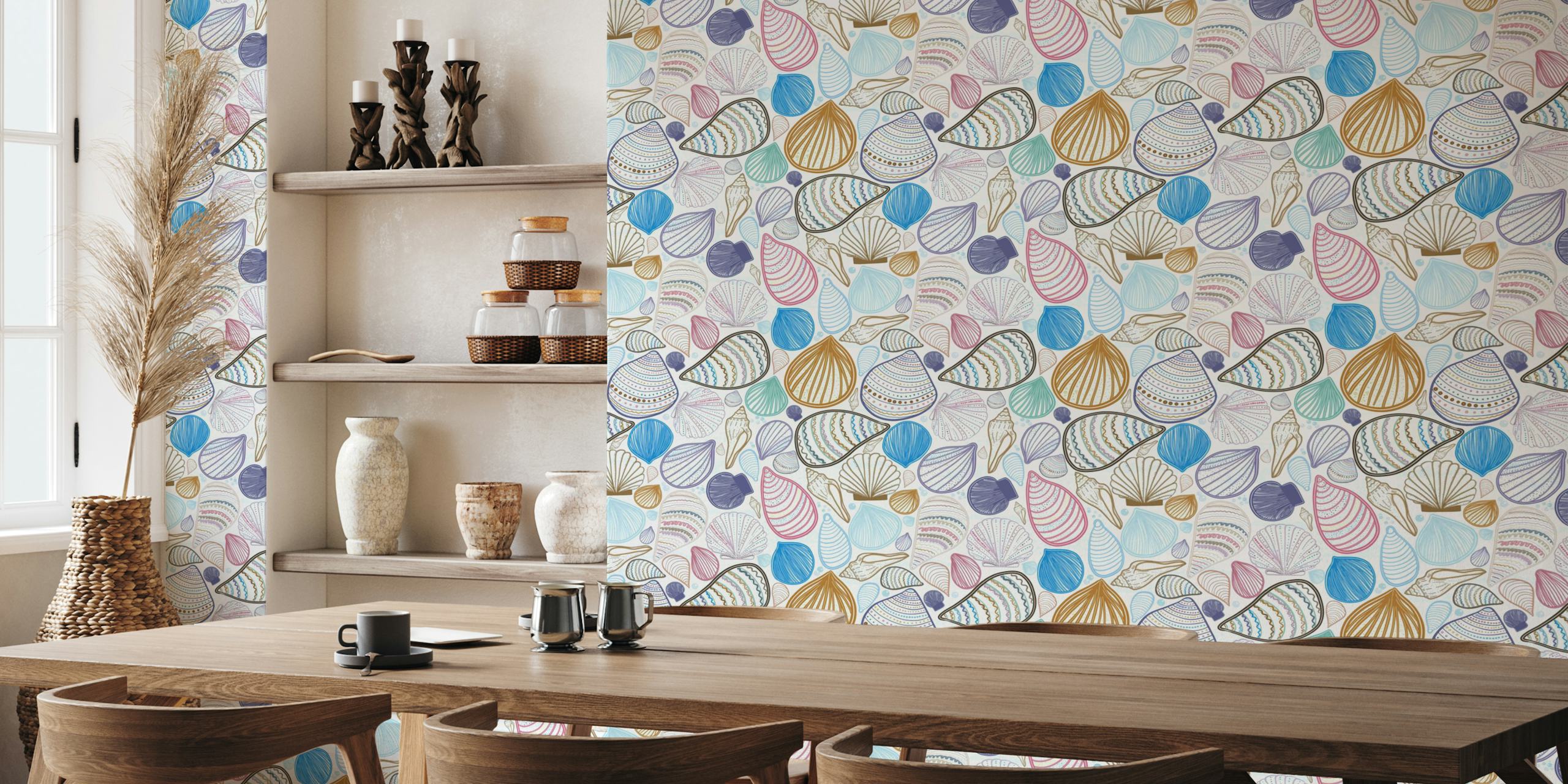 Colorful seashells in various shapes and patterns wallpaper