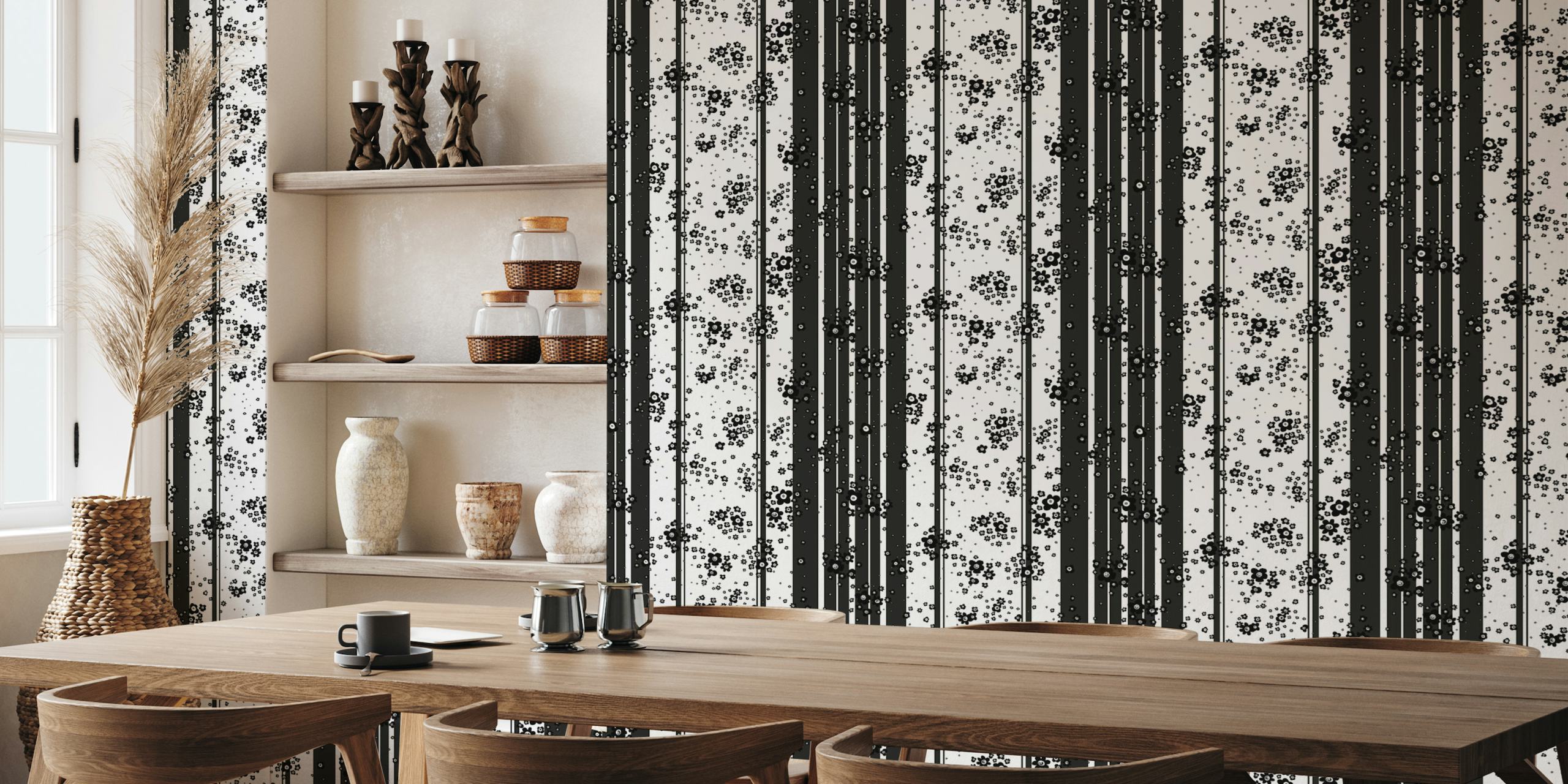 Black and white striped wall mural with floral ditsy pattern