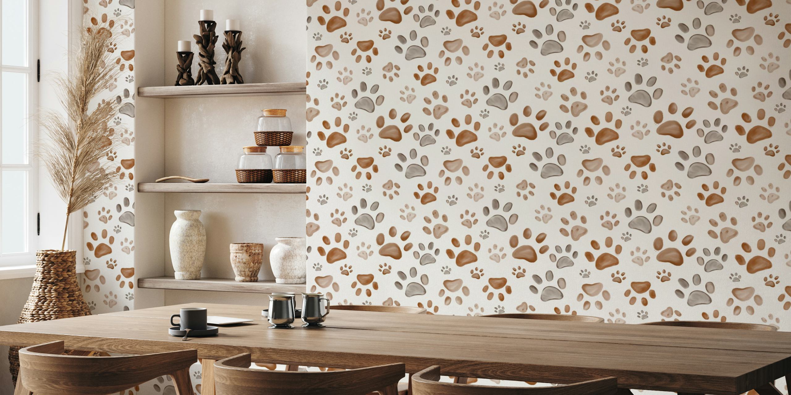 Brown watercolor paw prints wallpaper in a room