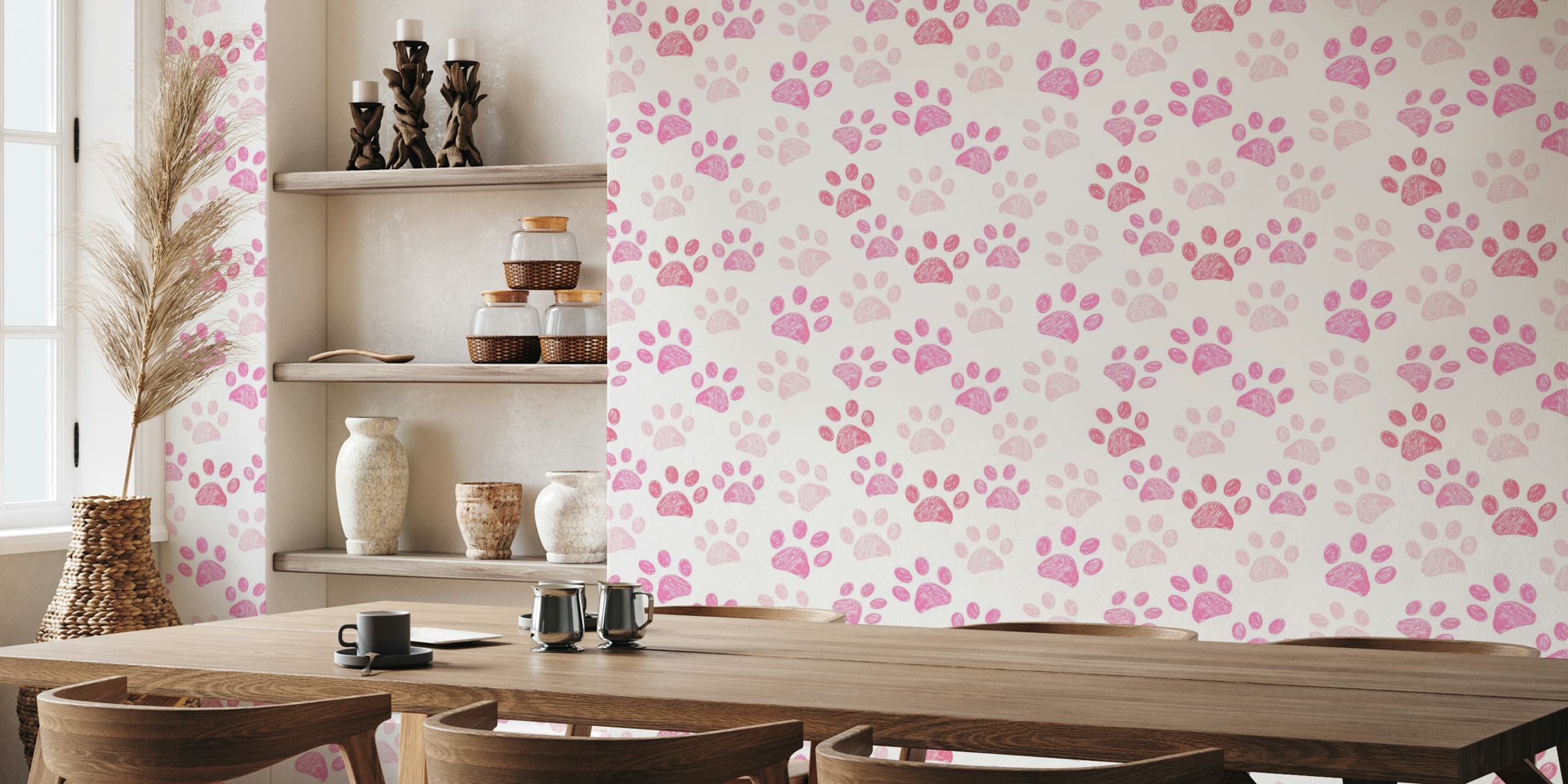 Pink paw prints pattern on a white background wallpaper