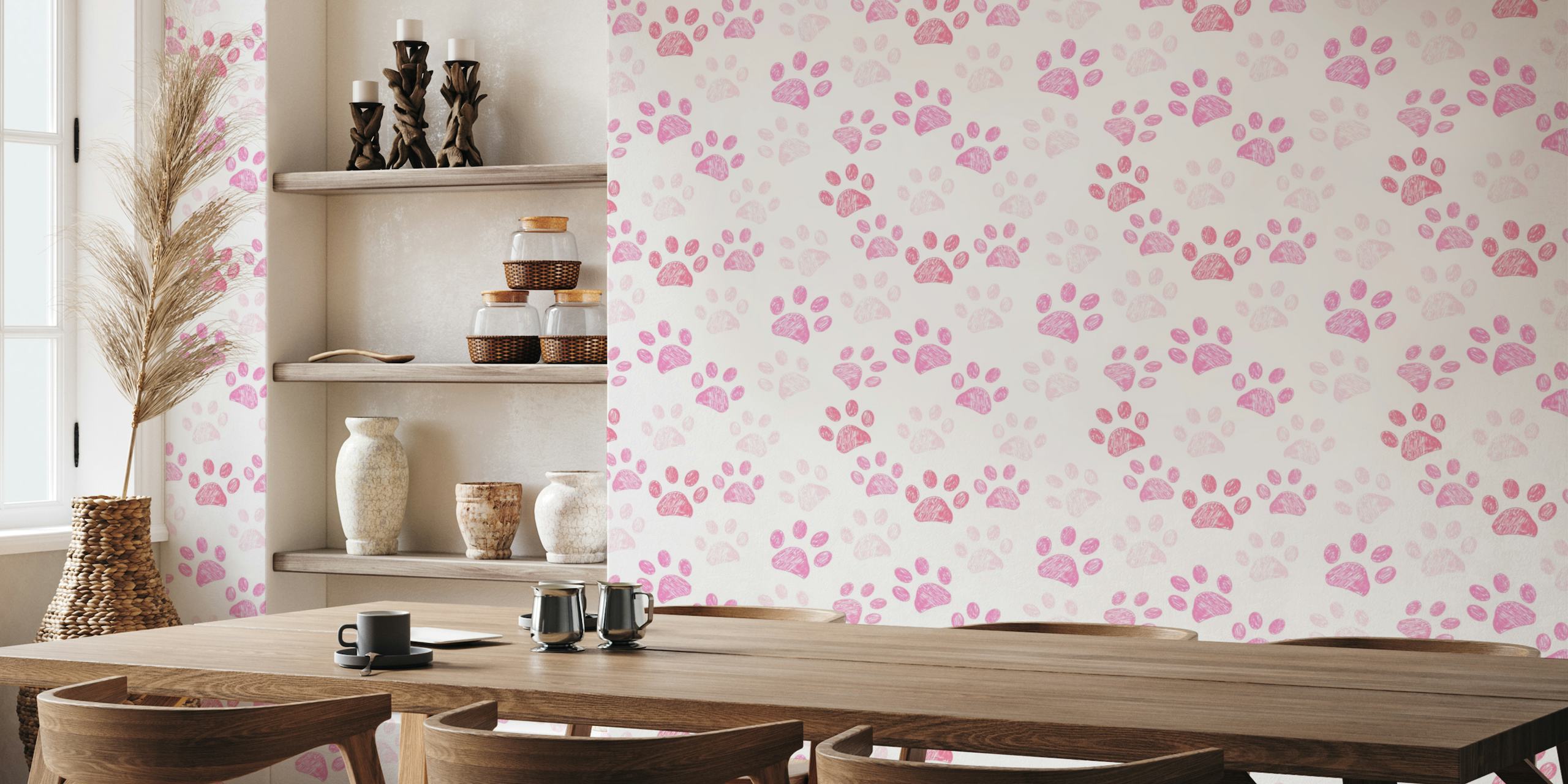 Pink paw prints wall mural with a variety of shades and sizes against a white background