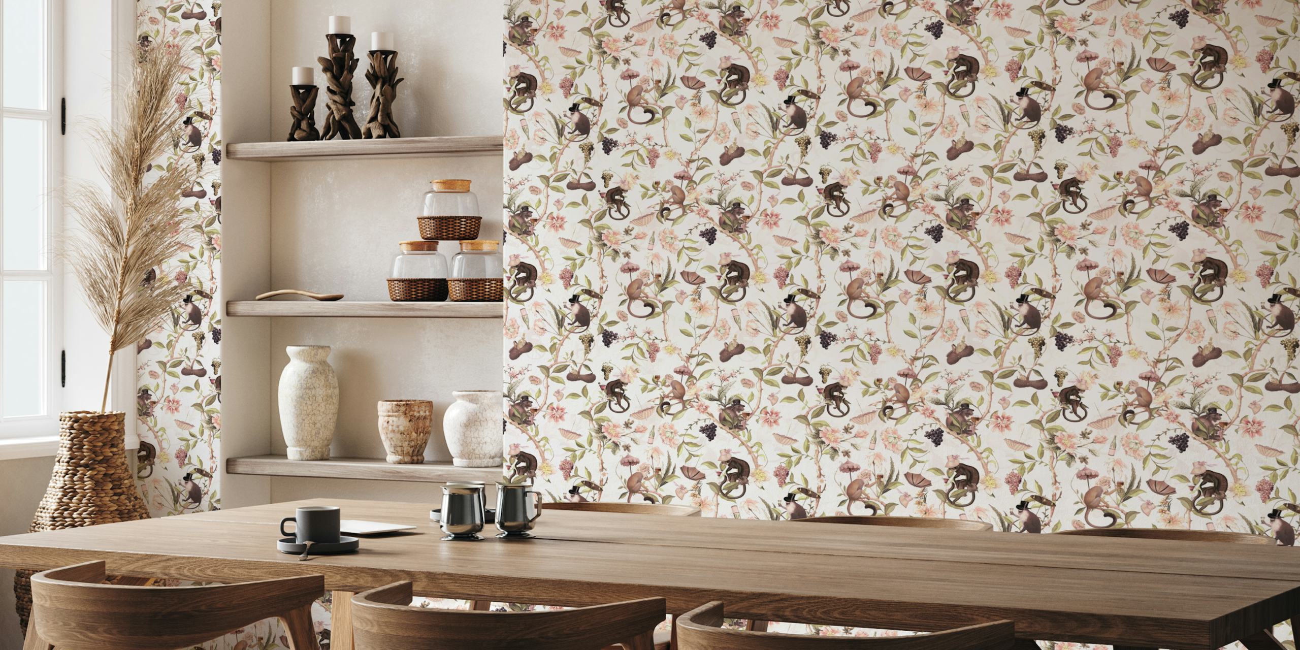 Aper i en jungel i chinoiserie-stil med blomstertapet