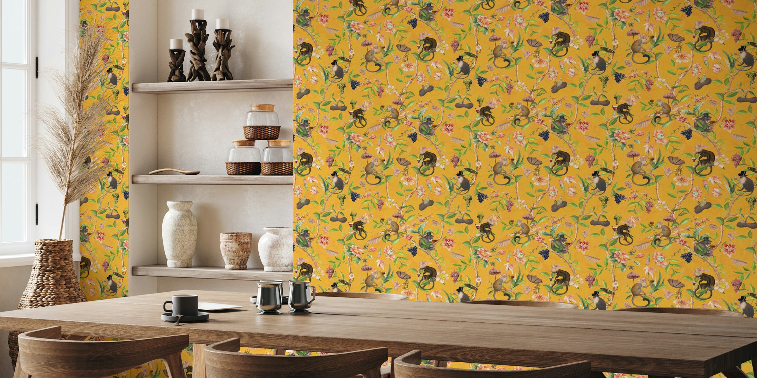 Mural de parede dourado vibrante com macacos brincalhões e folhagens inspiradas na chinoiserie