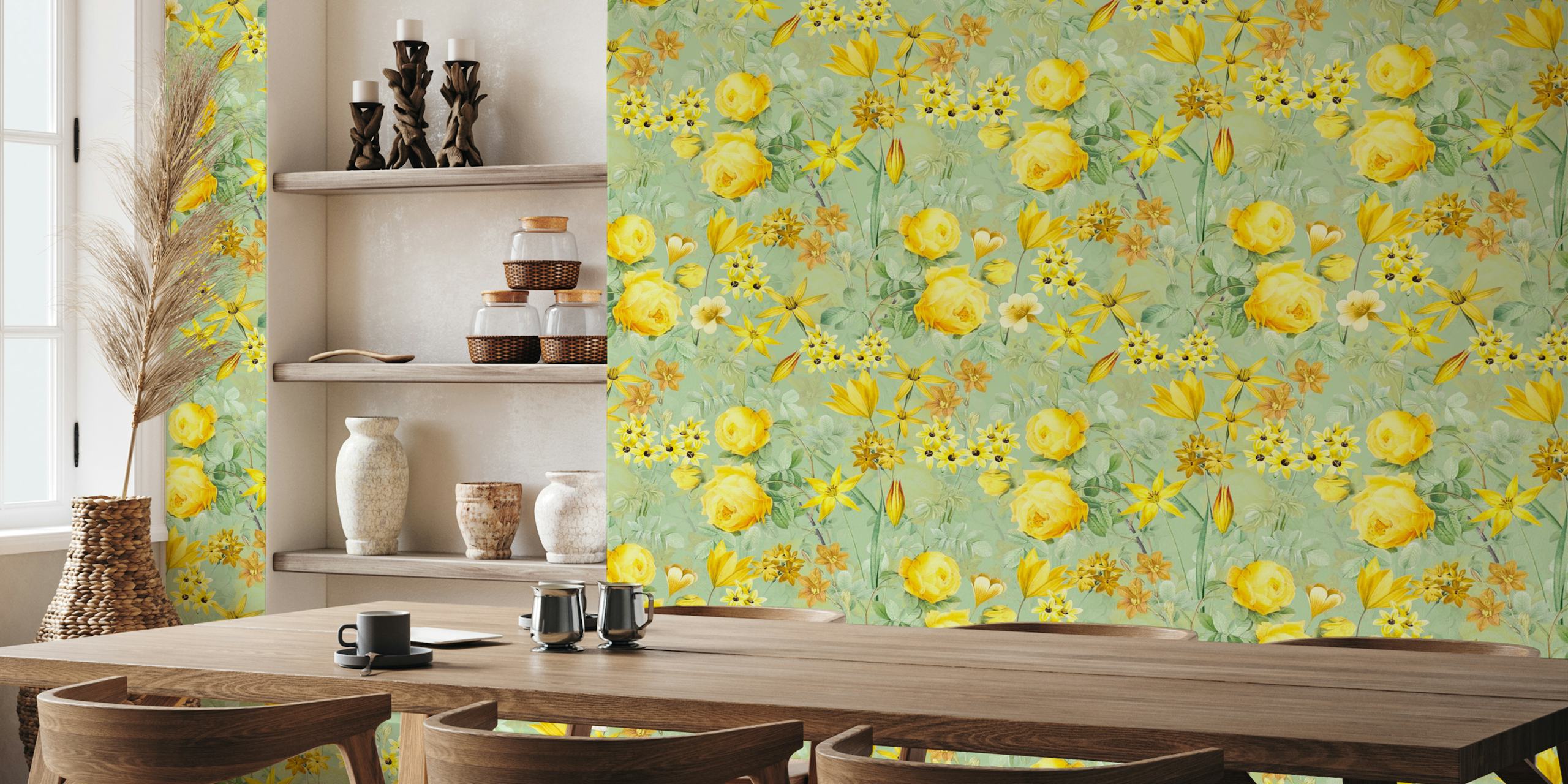 Yellow roses and flowers on green background wallpaper