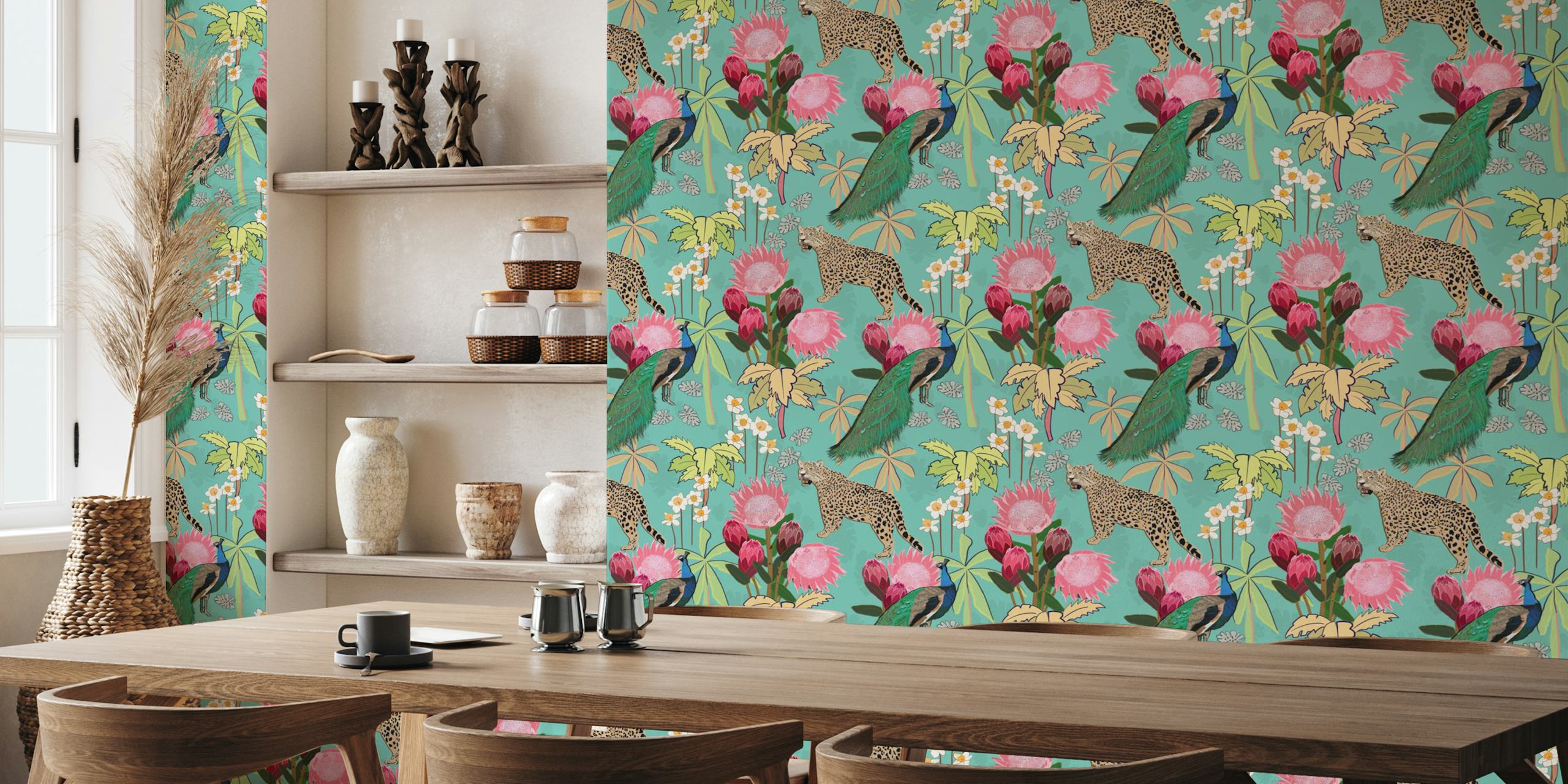 Artistic Tiger and peacock wall mural design