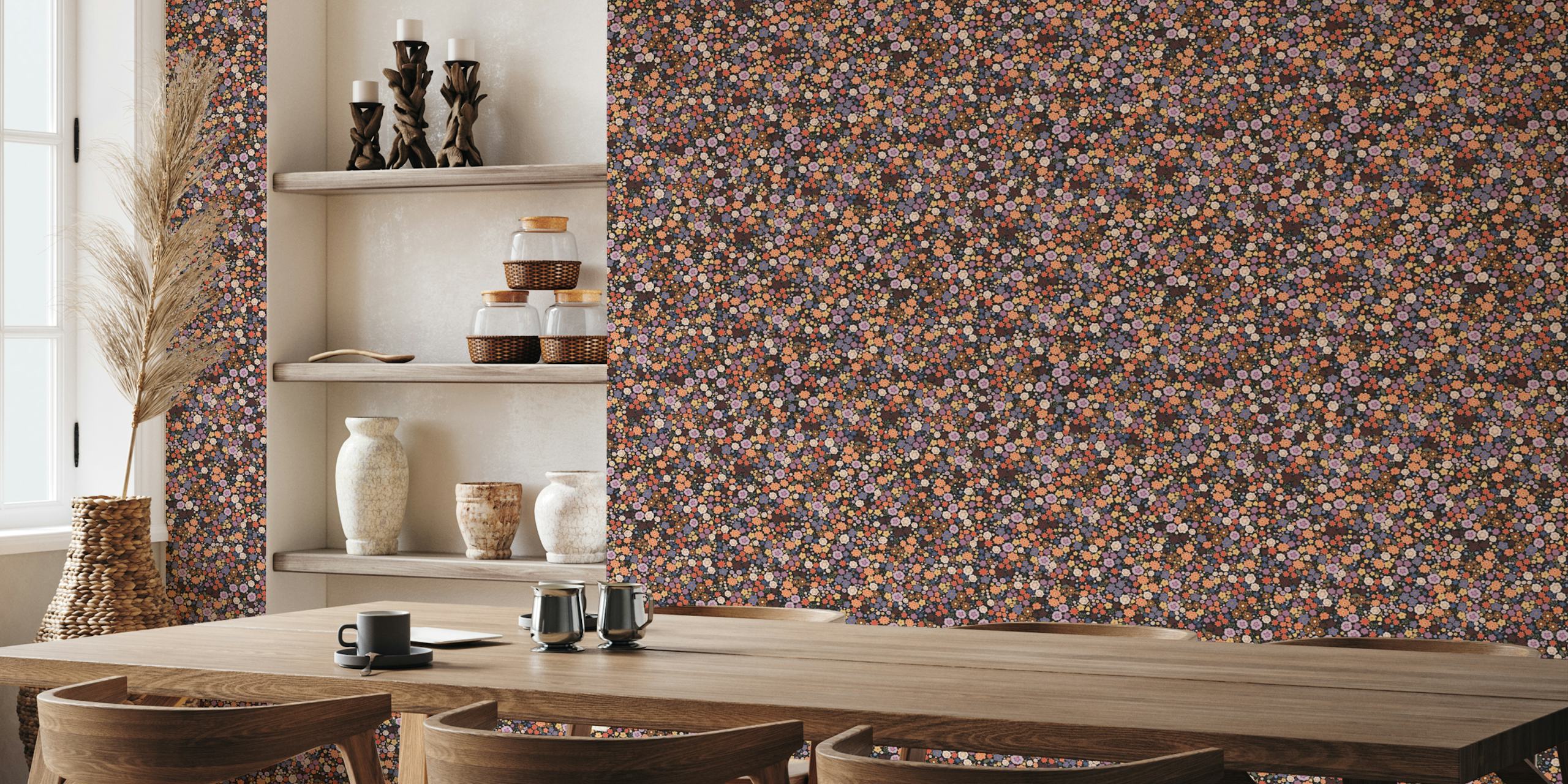 Um mural de parede elegante com padrão floral e um denso arranjo de pequenas flores multicoloridas.