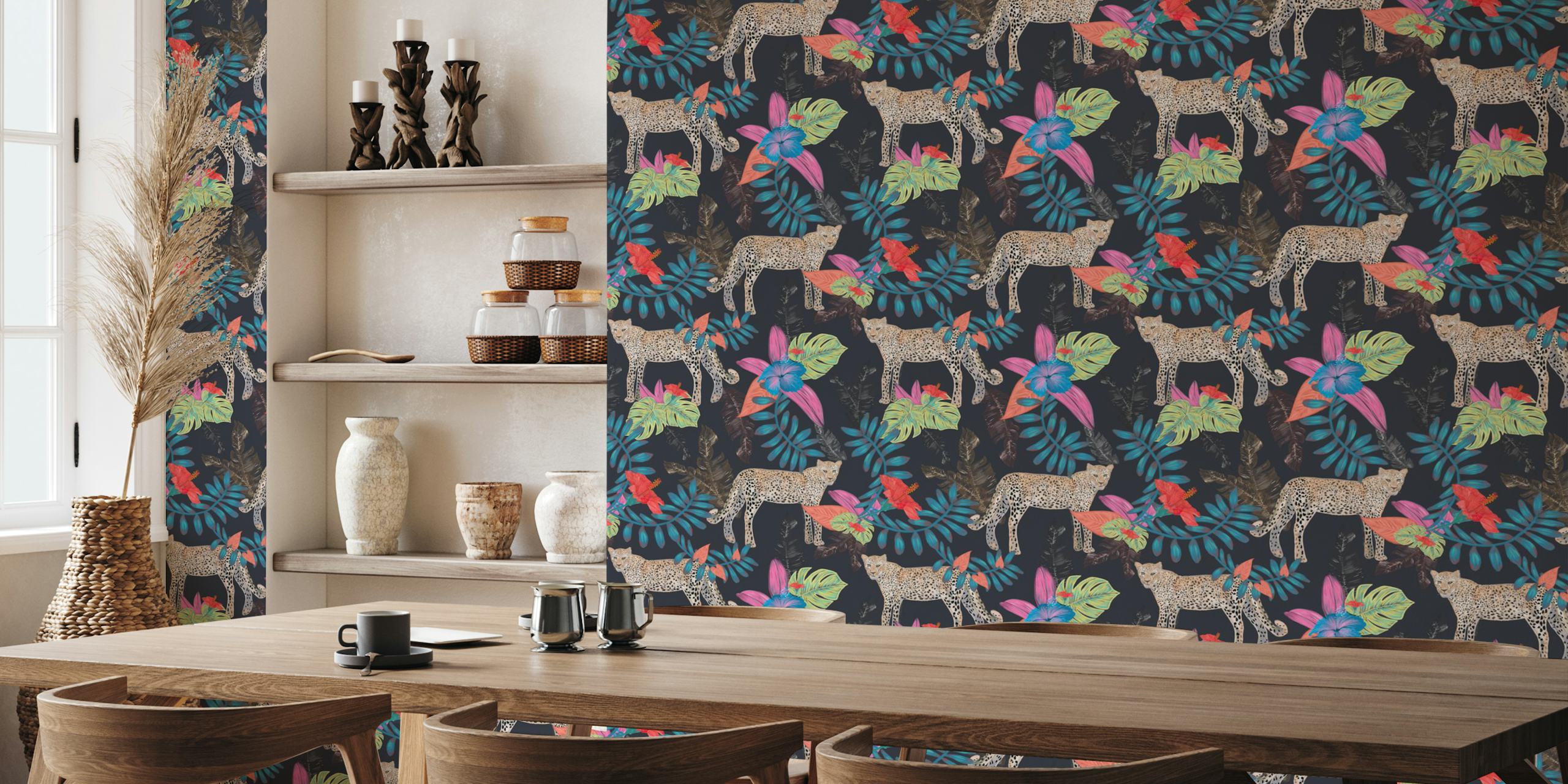 Hand drawn leopard wallpaper with tropical leaves