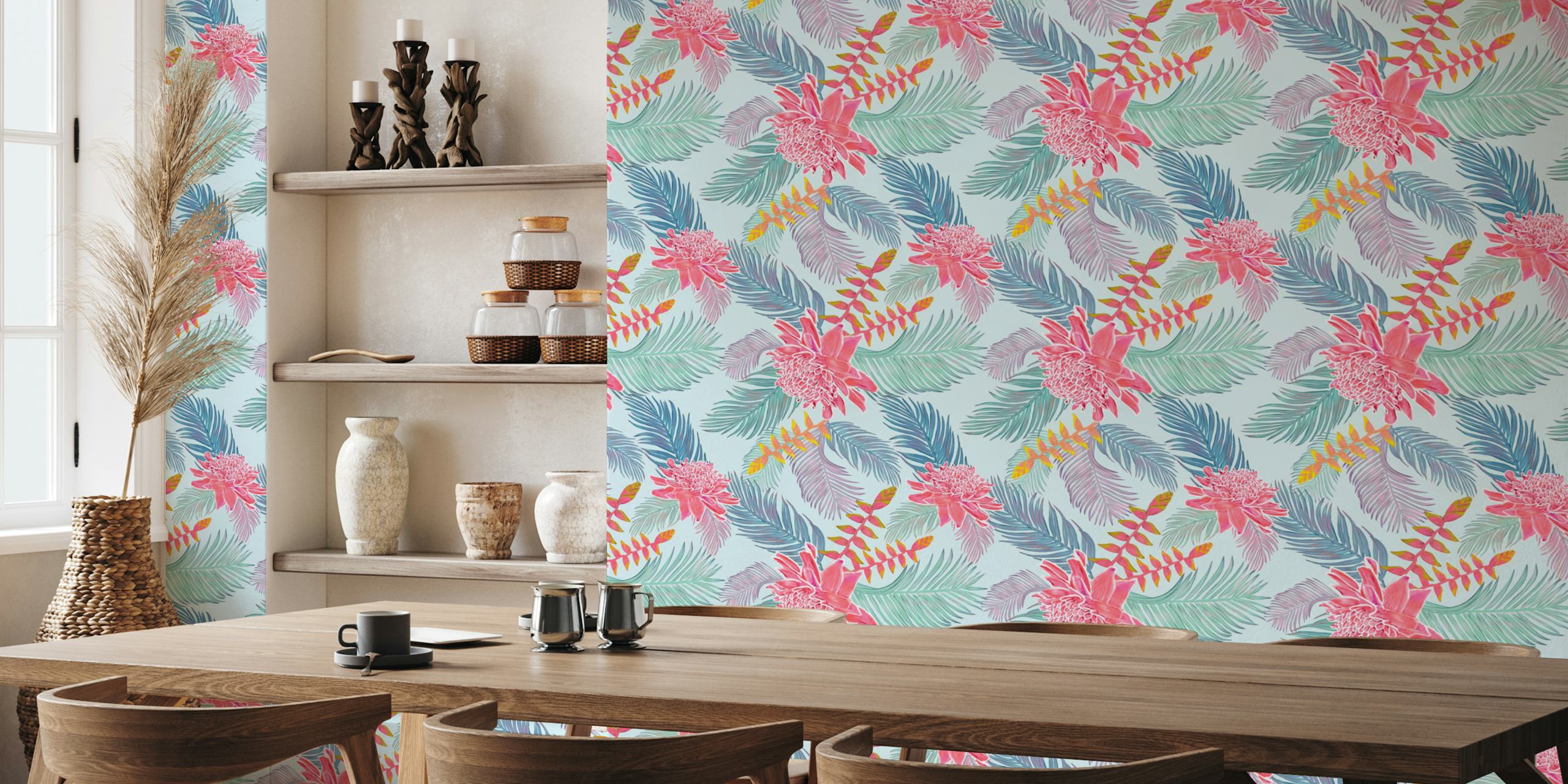 Motif de fleur de gingembre et de feuille de palmier sur fond bleu pour décoration murale