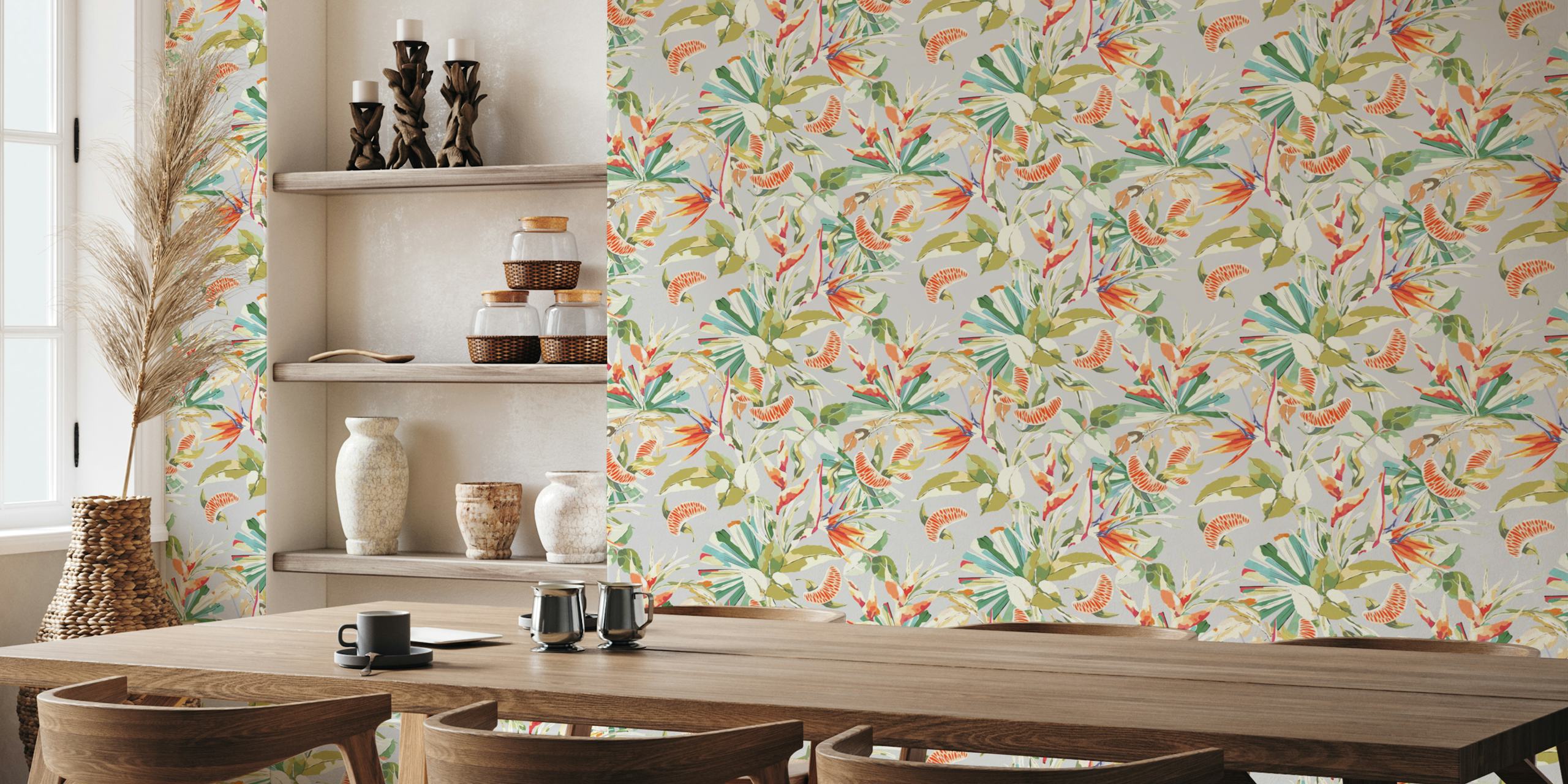 Tropical palm leaves with orange accents on grey background wallpaper