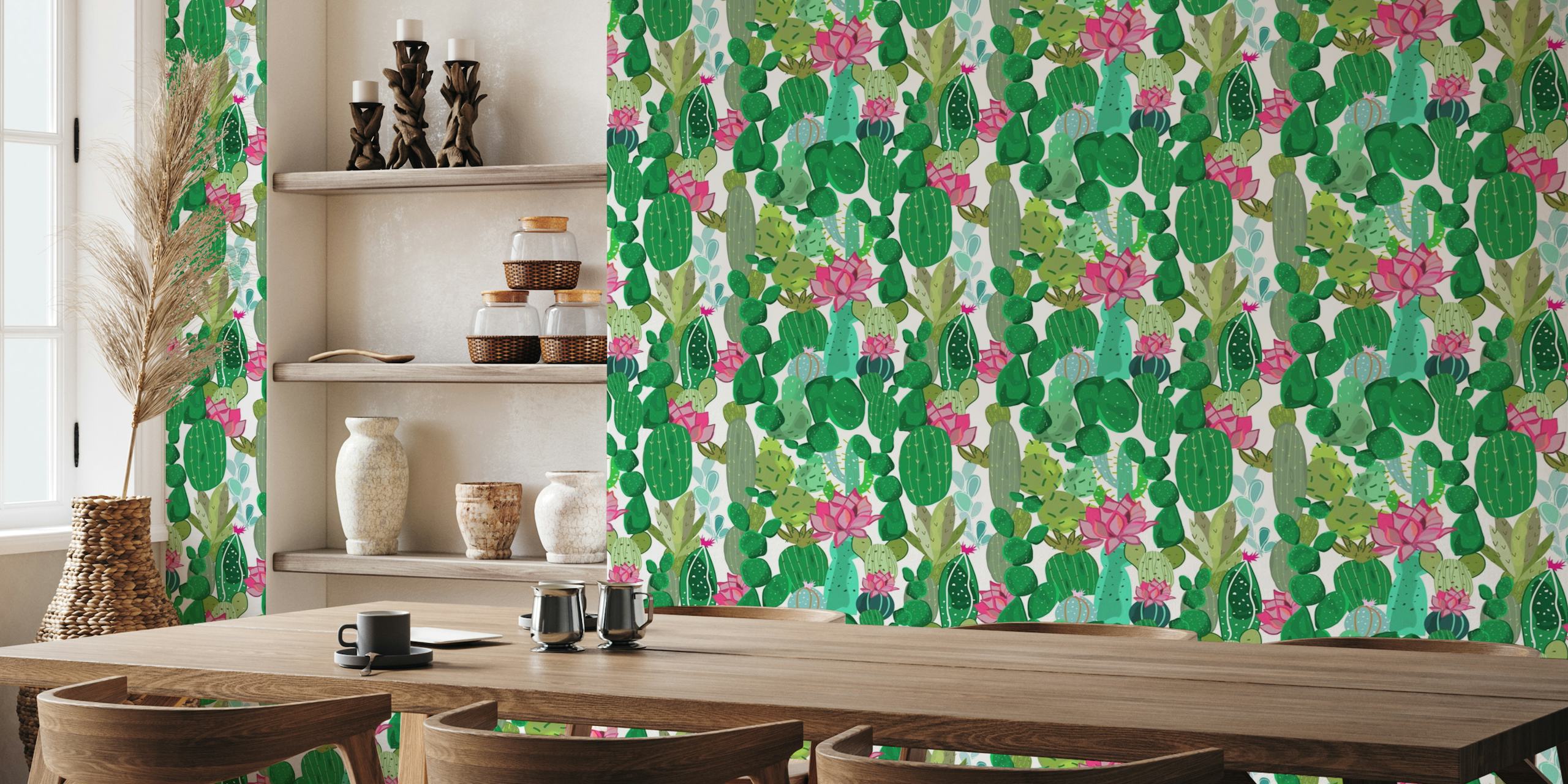Cactus and succulent with tropical flowers wall mural