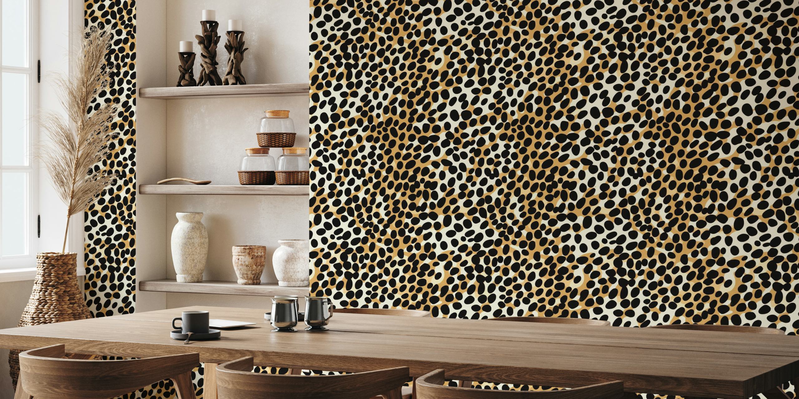 Leopard print design in black and gold on a white background wallpaper