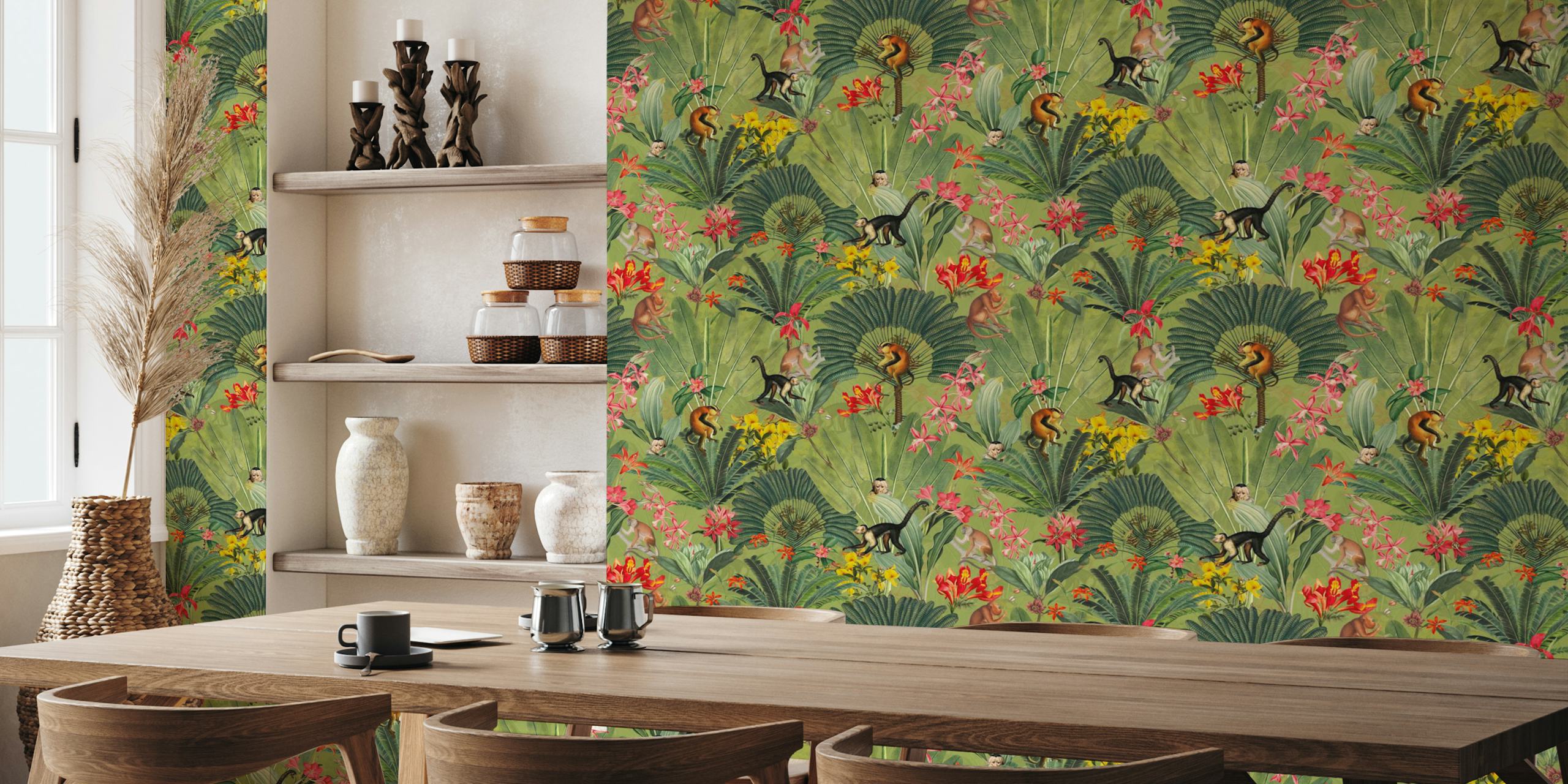Monkeys and tropical flowers on green background wallpaper