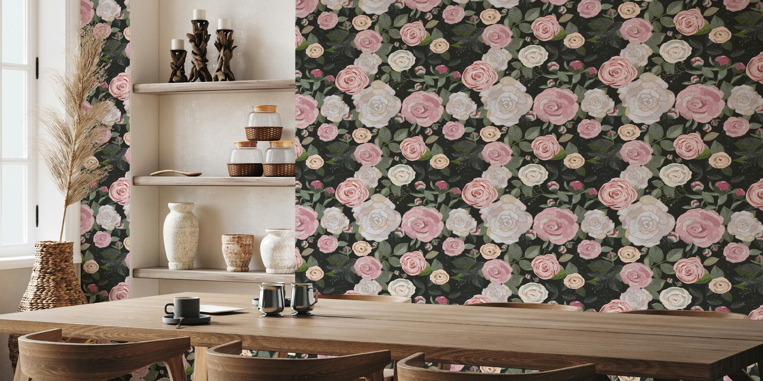 Peony and Rose Pattern Zwarte muurschildering met roze en witte bloemen op een donkere achtergrond