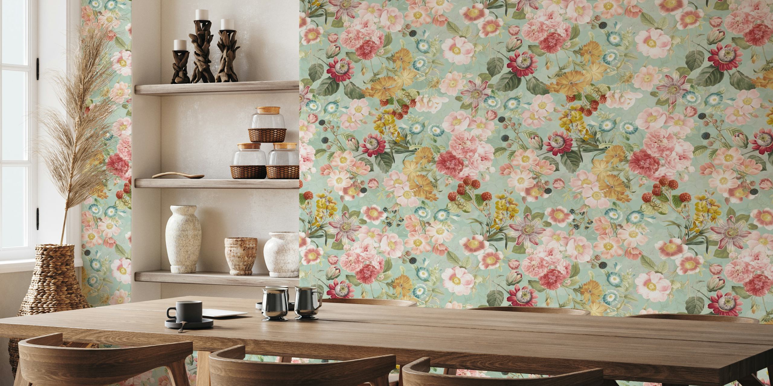 Floral pattern with pink and teal blooms on light background wallpaper