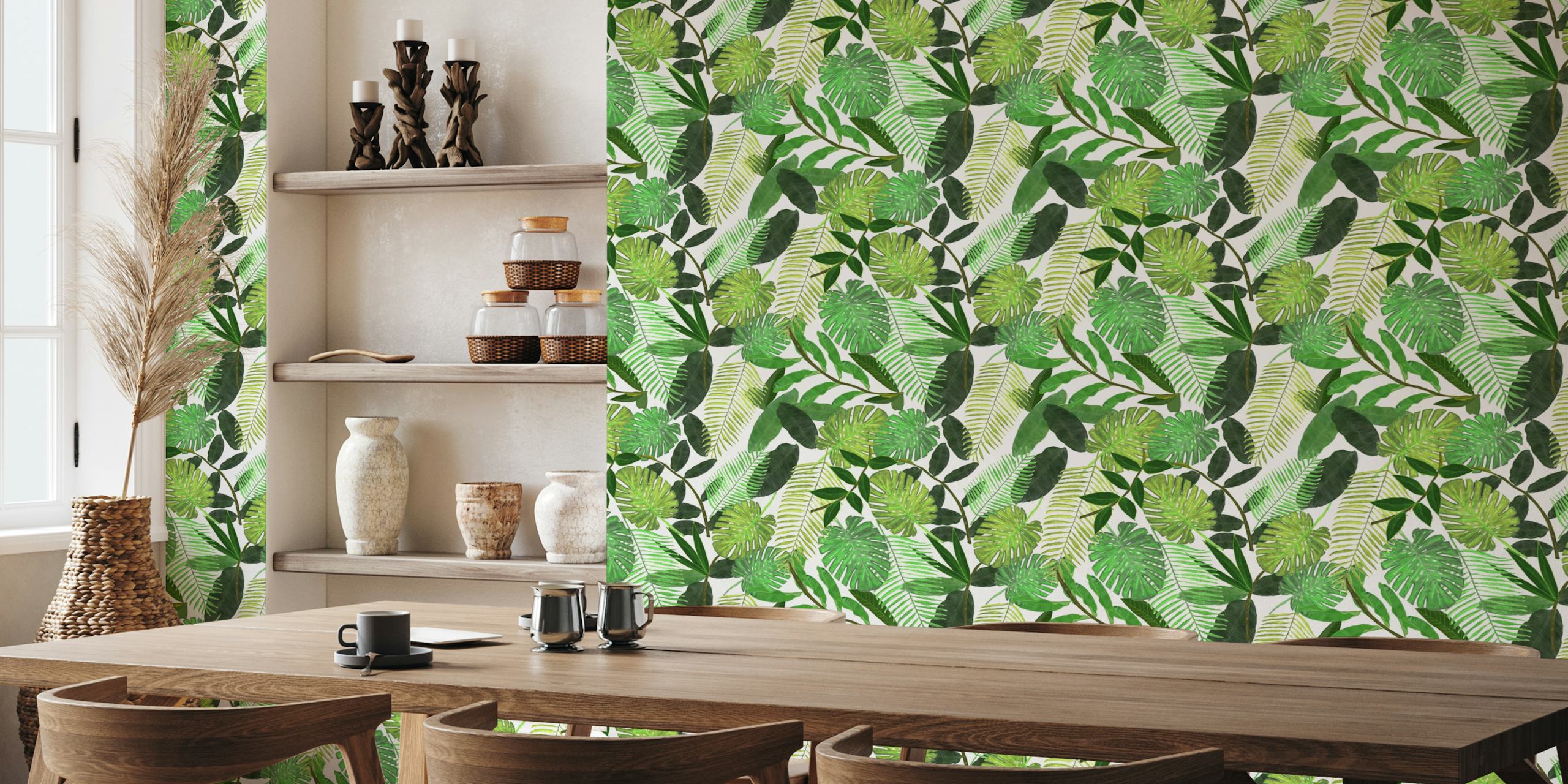 Green tropical watercolor leaves wall mural with a variety of hand-painted foliage