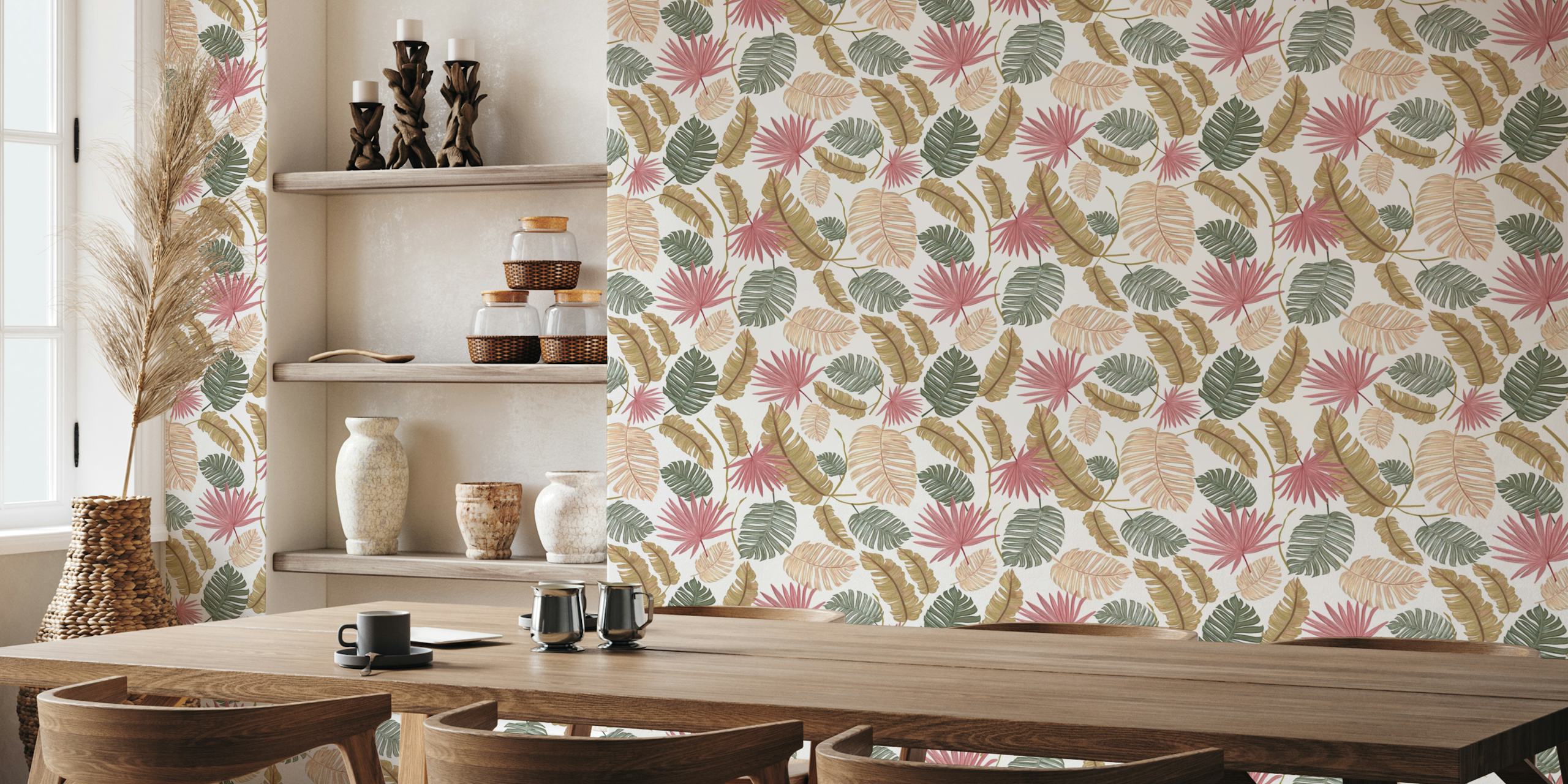 Hand-drawn leaves in pastel colors including pink, green, and tan wallpaper