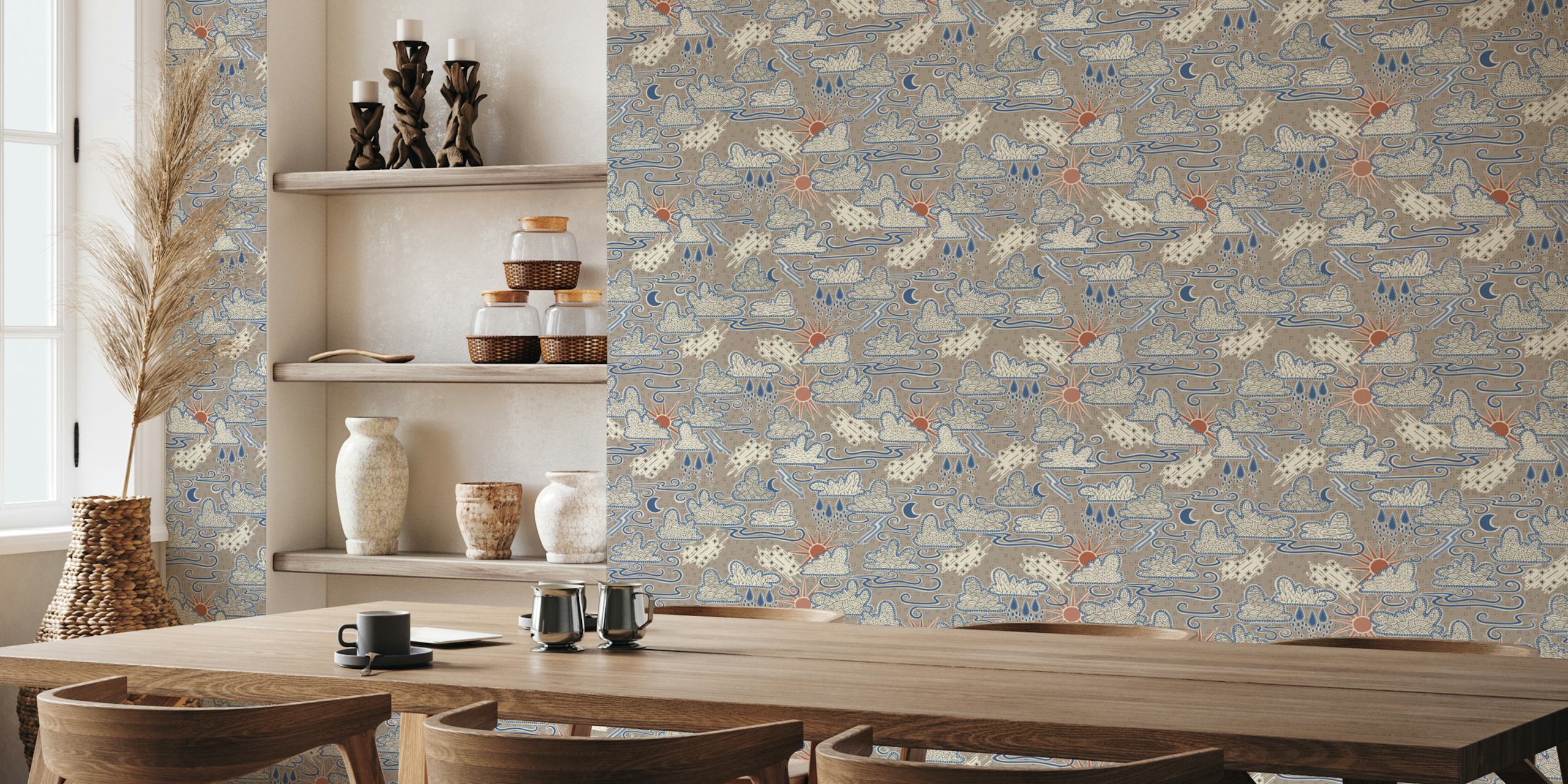 Clouds and sun patterns in tan, blue, and red wallpaper