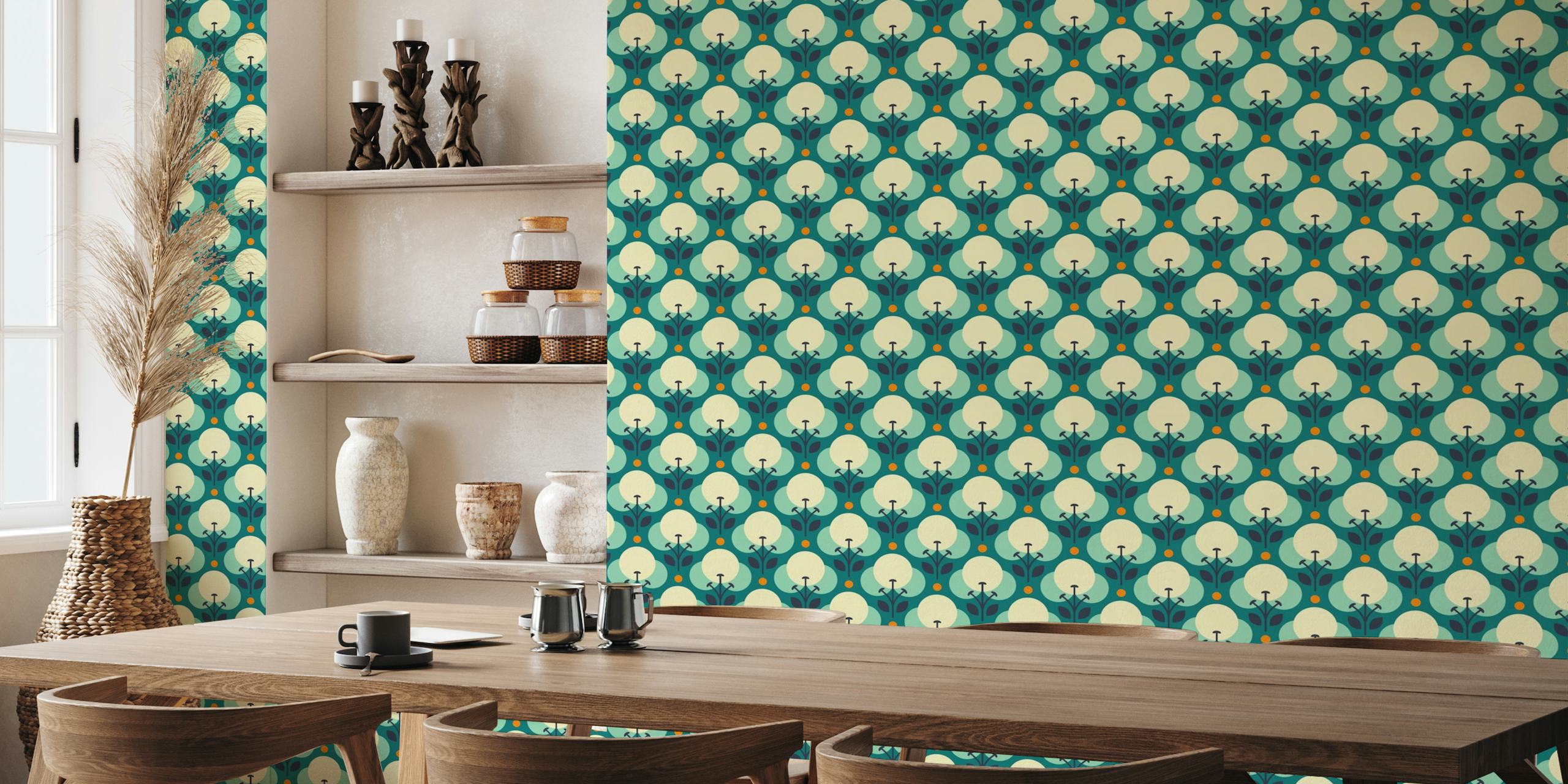 2011 - Retro geometrical flowers pattern, teal wallpaper