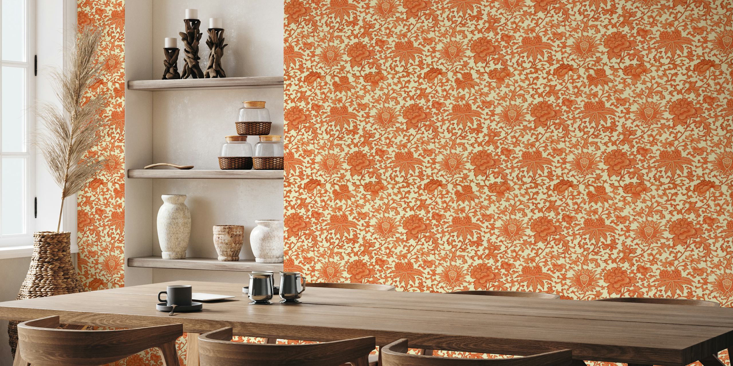 Vintage floral wallpaper in orange with intricate designs