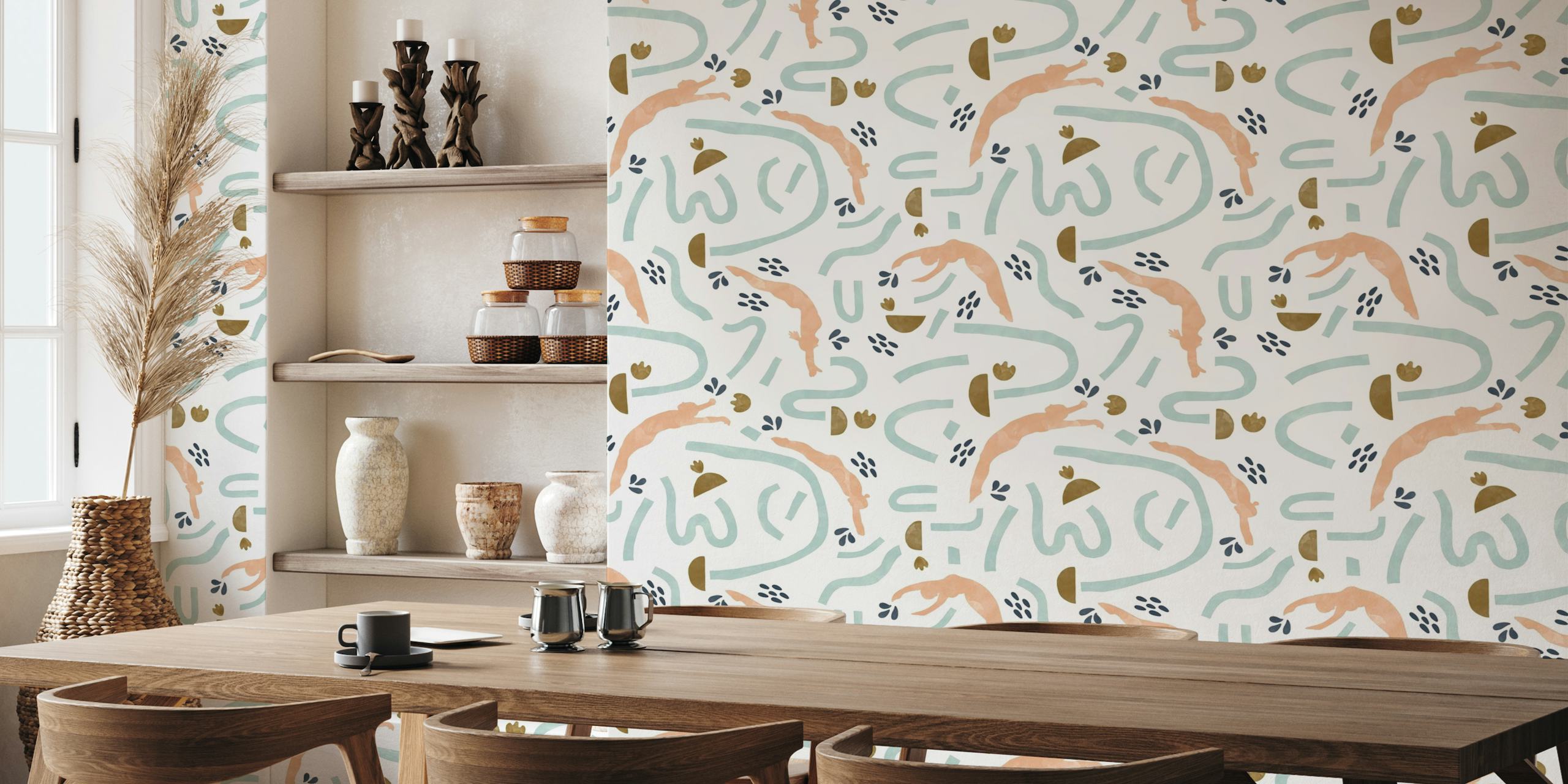 A playful, beach-themed wall mural with illustrations of people swimming and soaking up the sun in soft pastel colors.