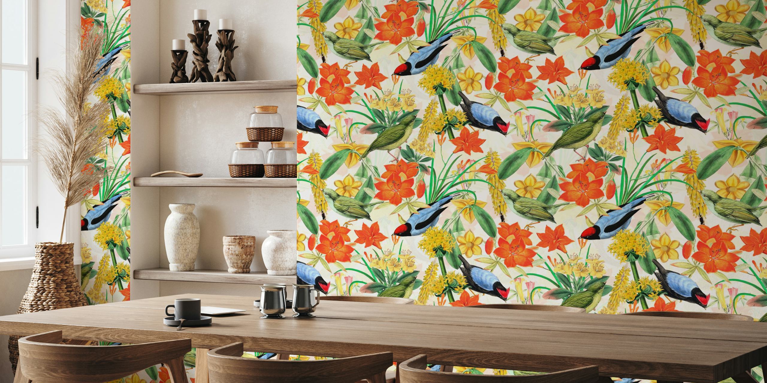 Colorful jungle flower and birds tapeta