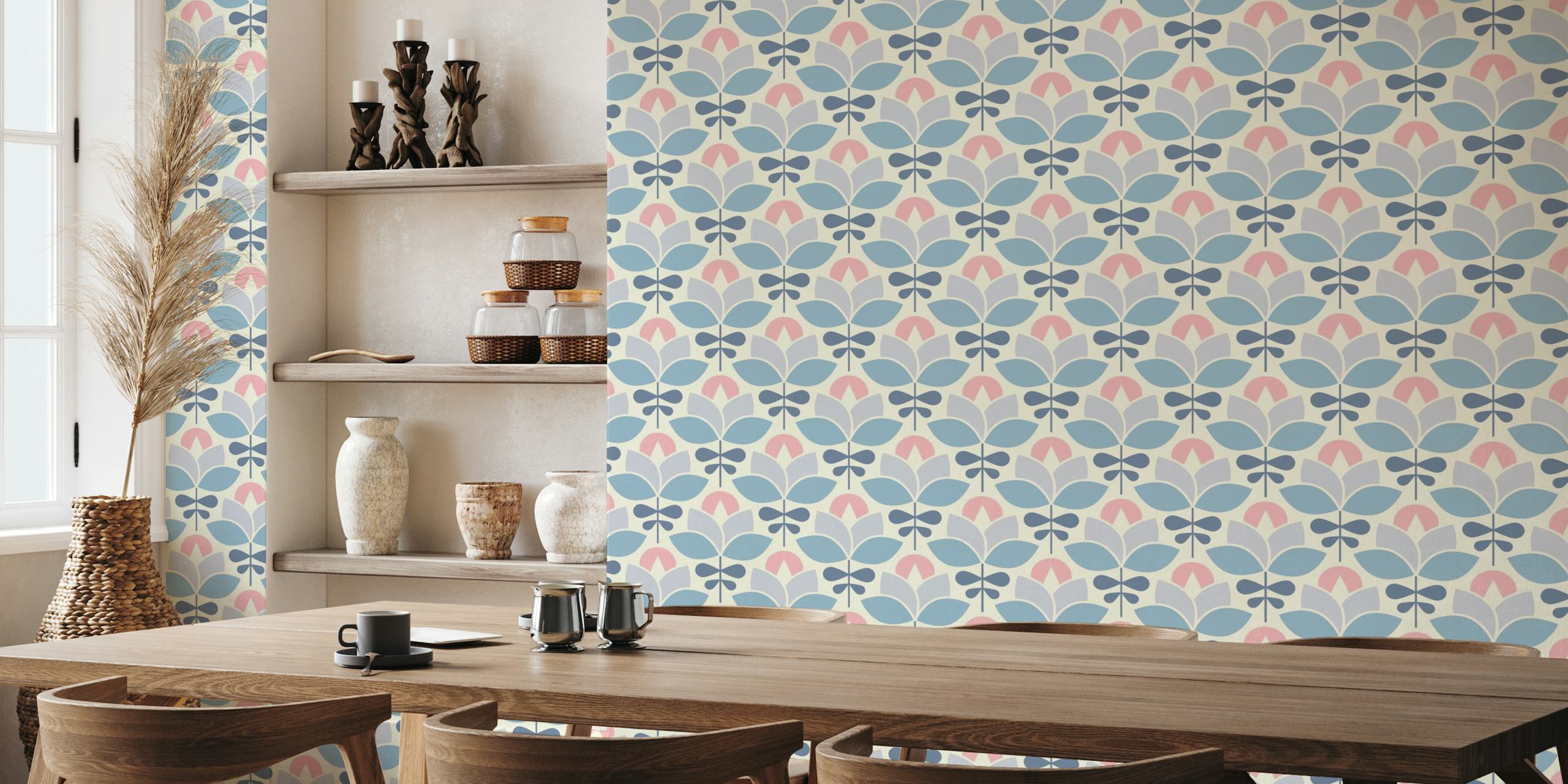Stylized blue and pink retro flowers on a beige background for wall mural