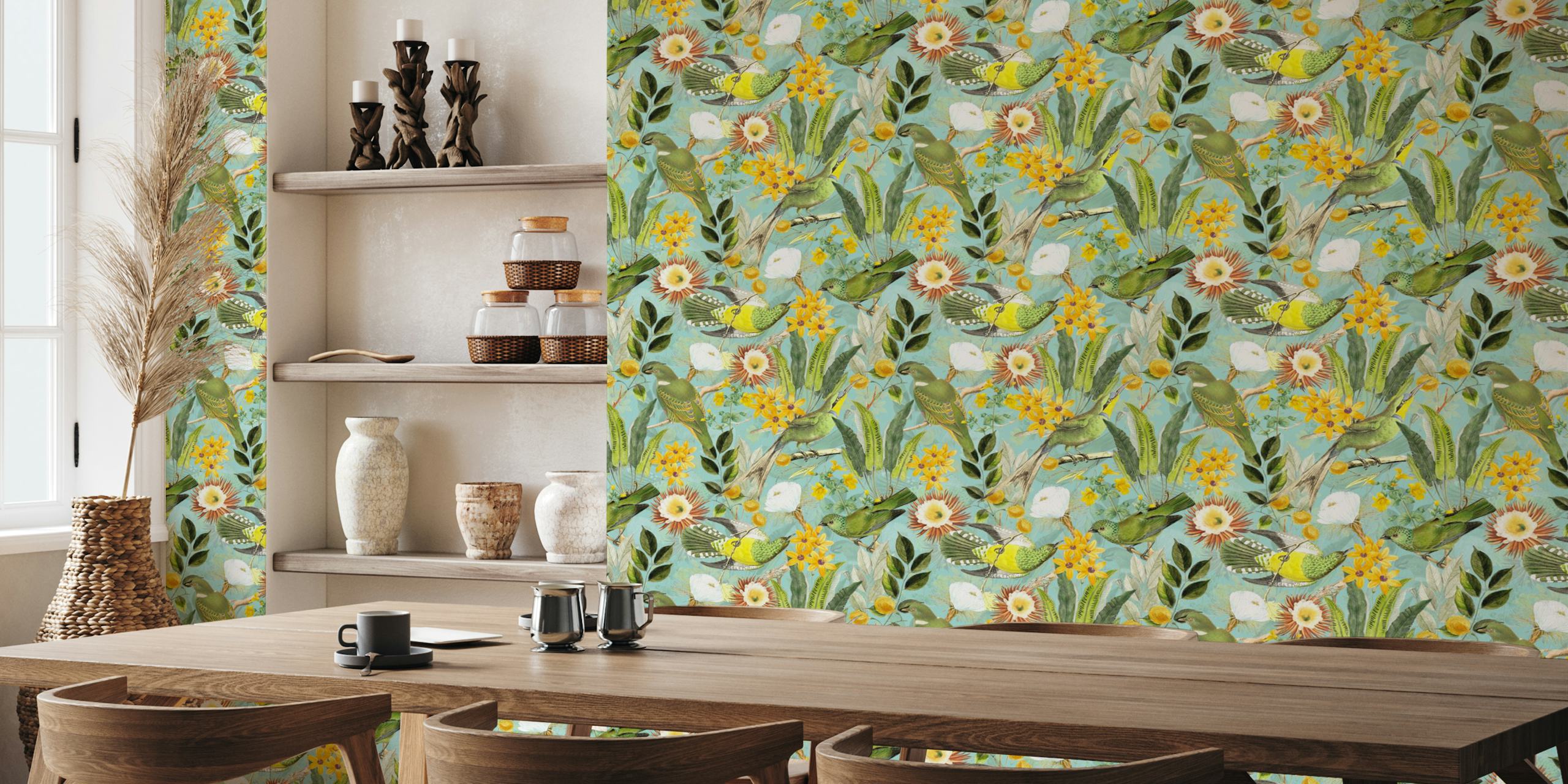 Tropical birds and flowers in green, yellow, and blue wallpaper