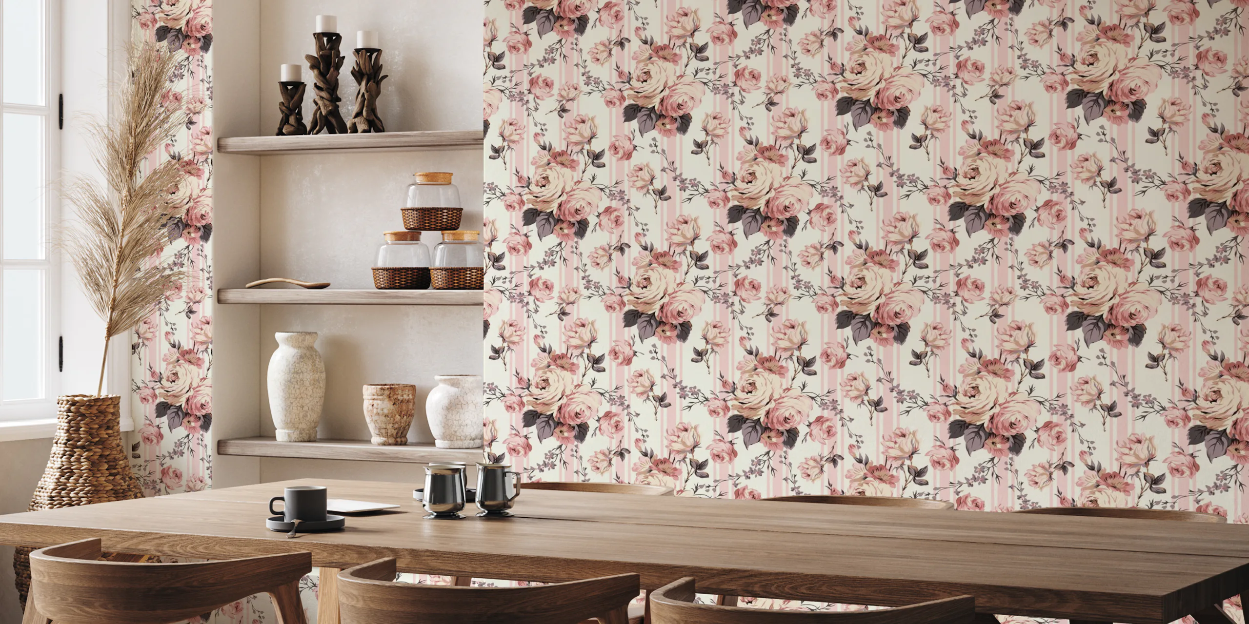 Rococo Roses and Stripes Pattern Wallpaper | Happywall