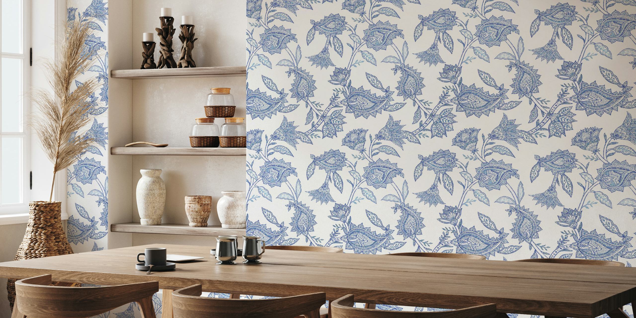 Χαρτί τοίχου Chinoiseries Blue Floral Paisley σε ένα δωμάτιο