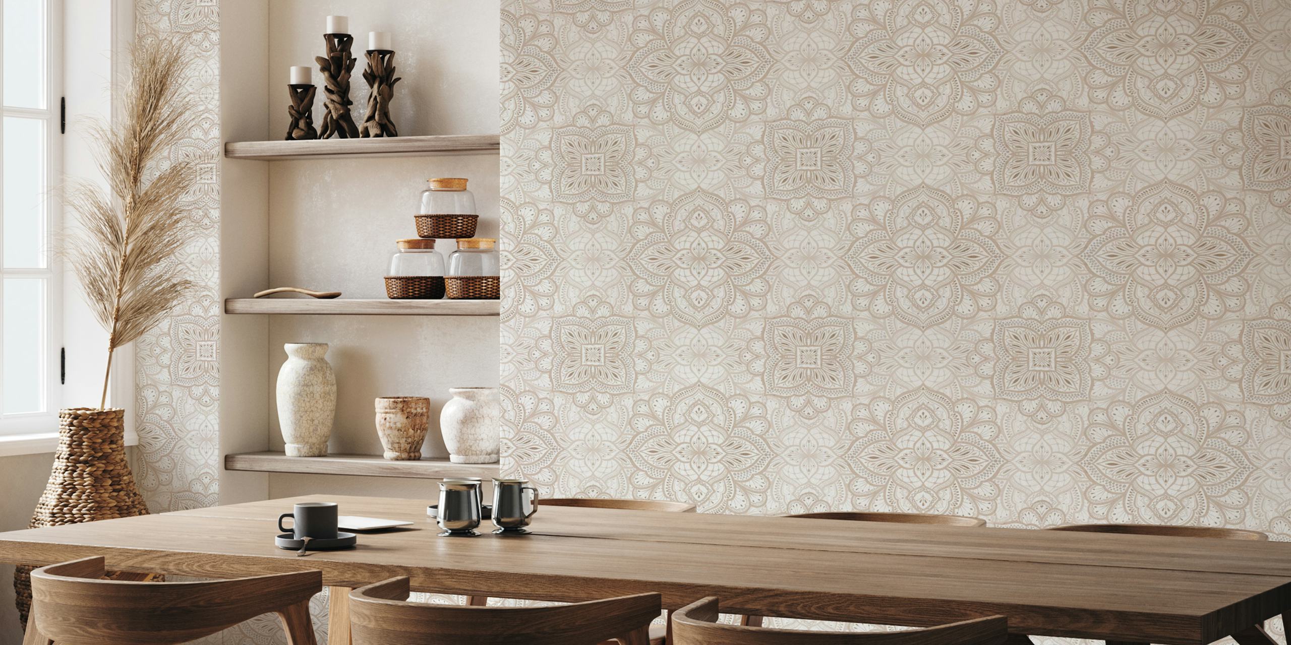 Boho Marrakesh mandala wall mural in beige cream with intricate patterns