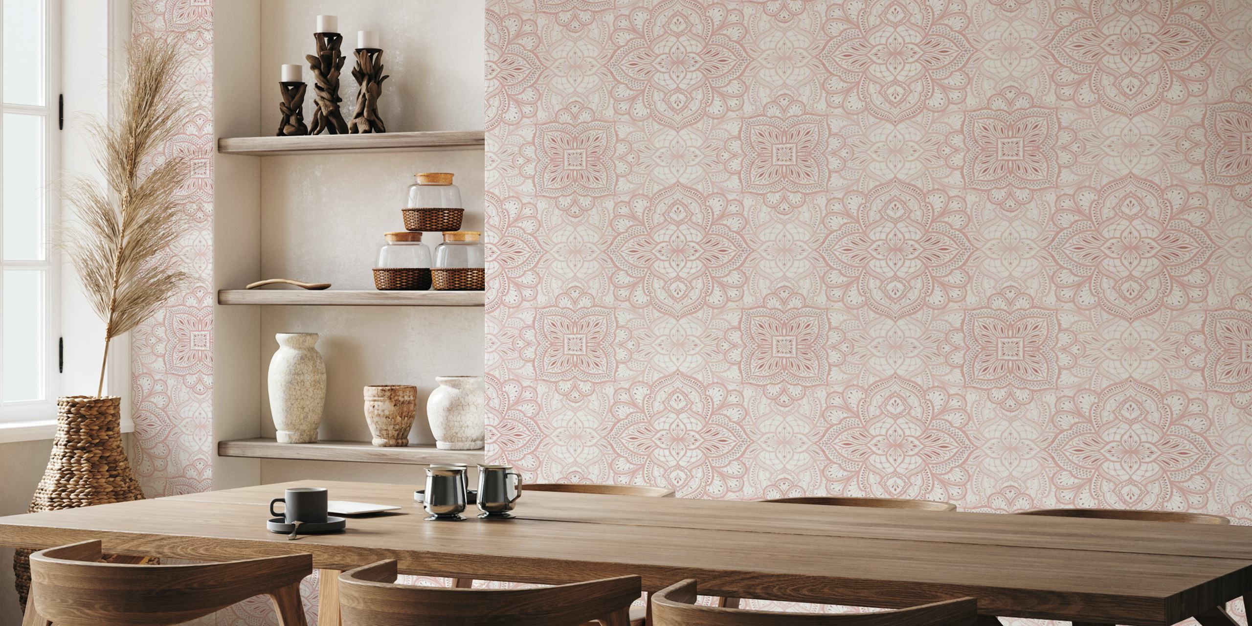 Blush pink mandala tile pattern wallpaper featuring intricate designs and floral motifs