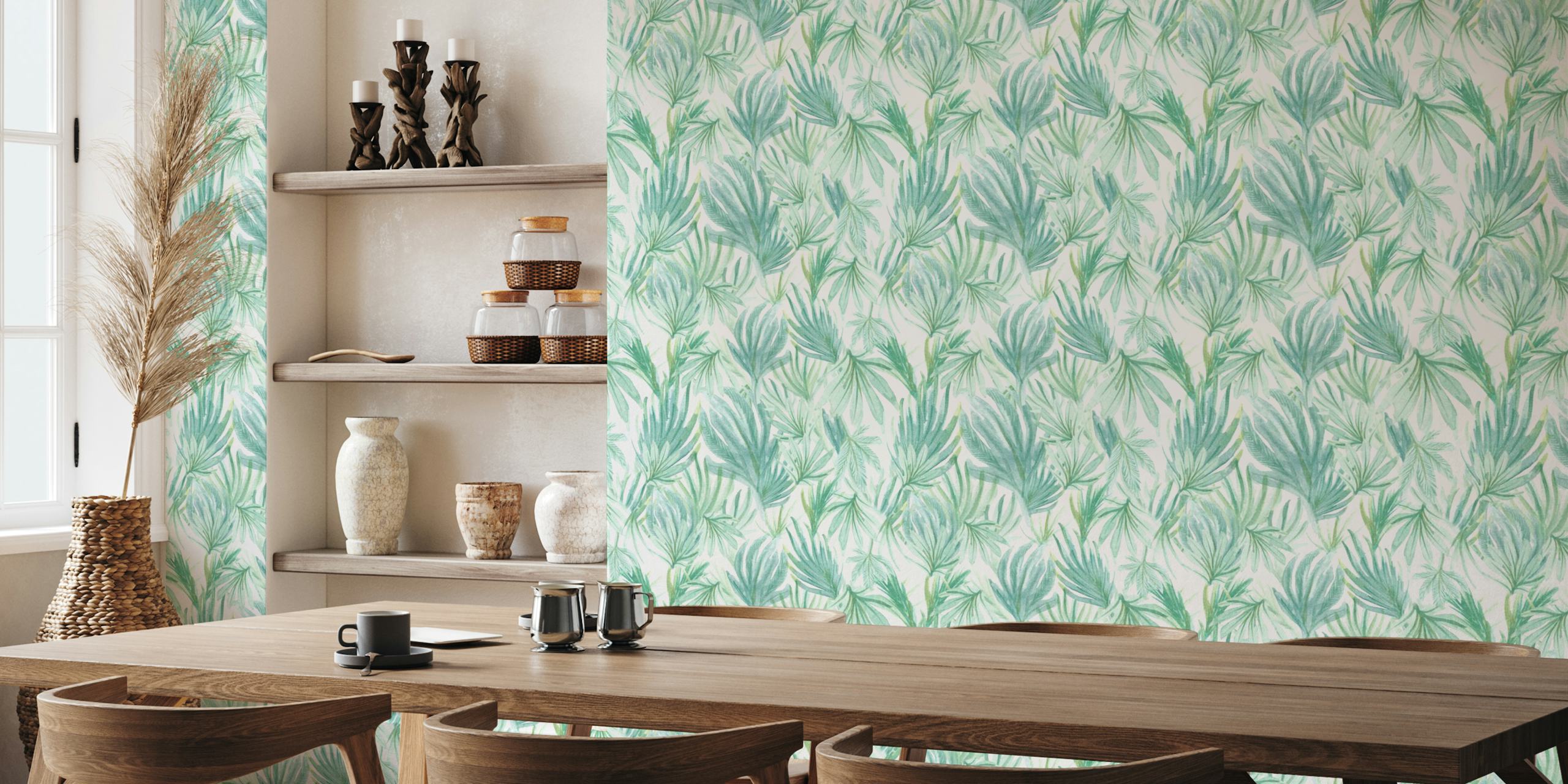 Watercolour jungle leaves mural with soft green tones