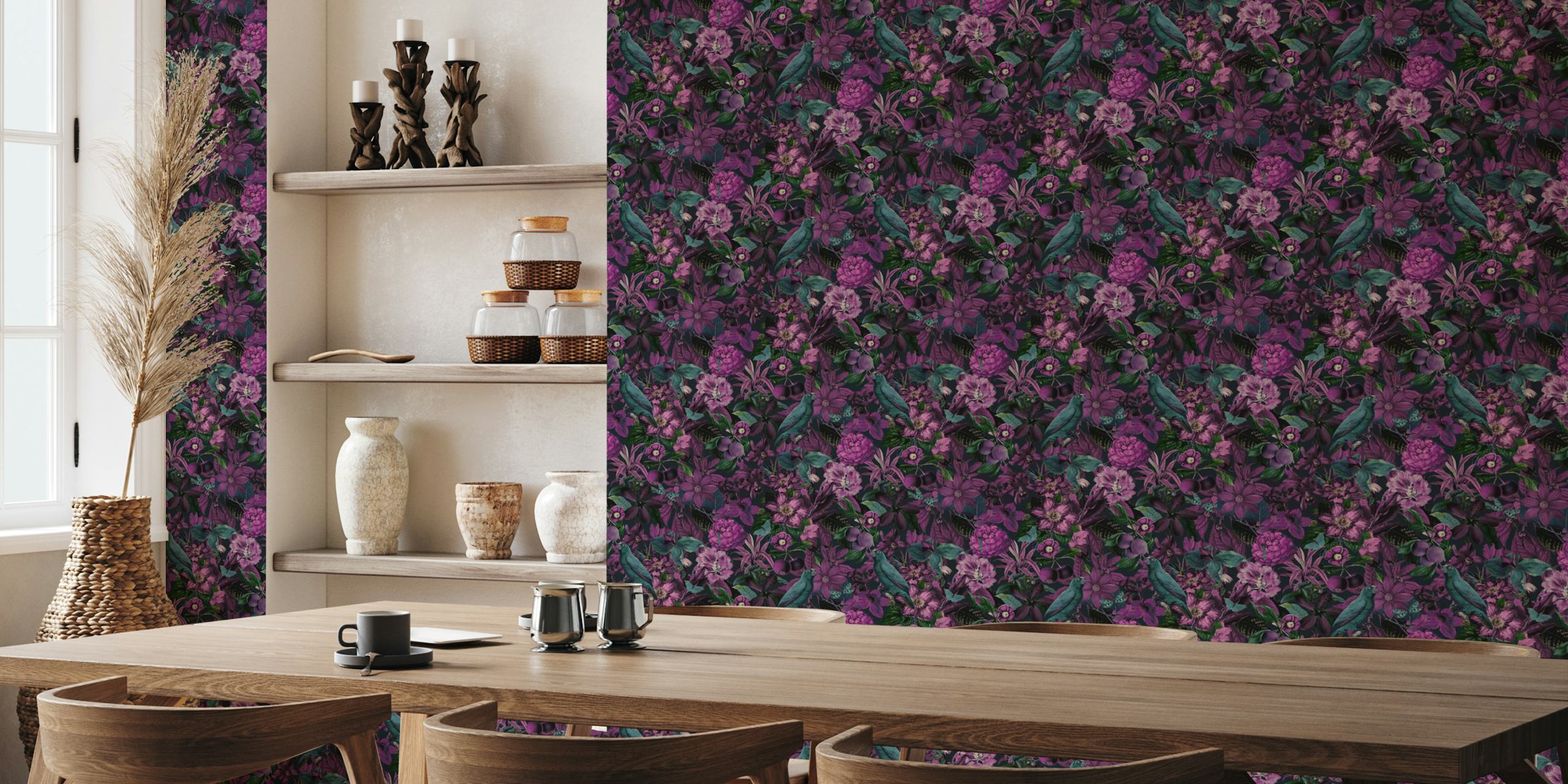 Tropical floral design with teal birds and purple flowers wallpaper