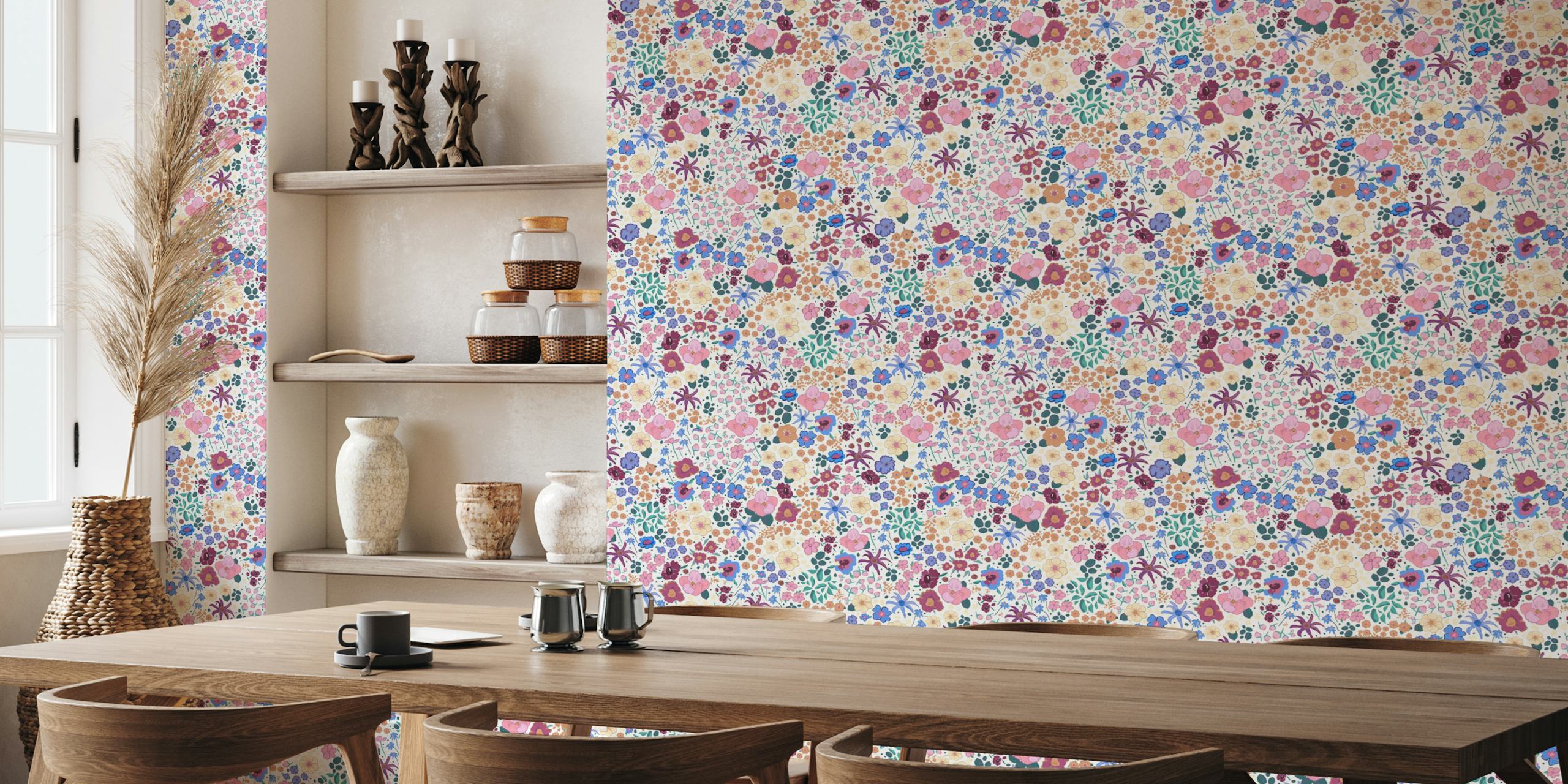Ditsy Colorful White floral wall mural with a variety of small flowers in pastel shades