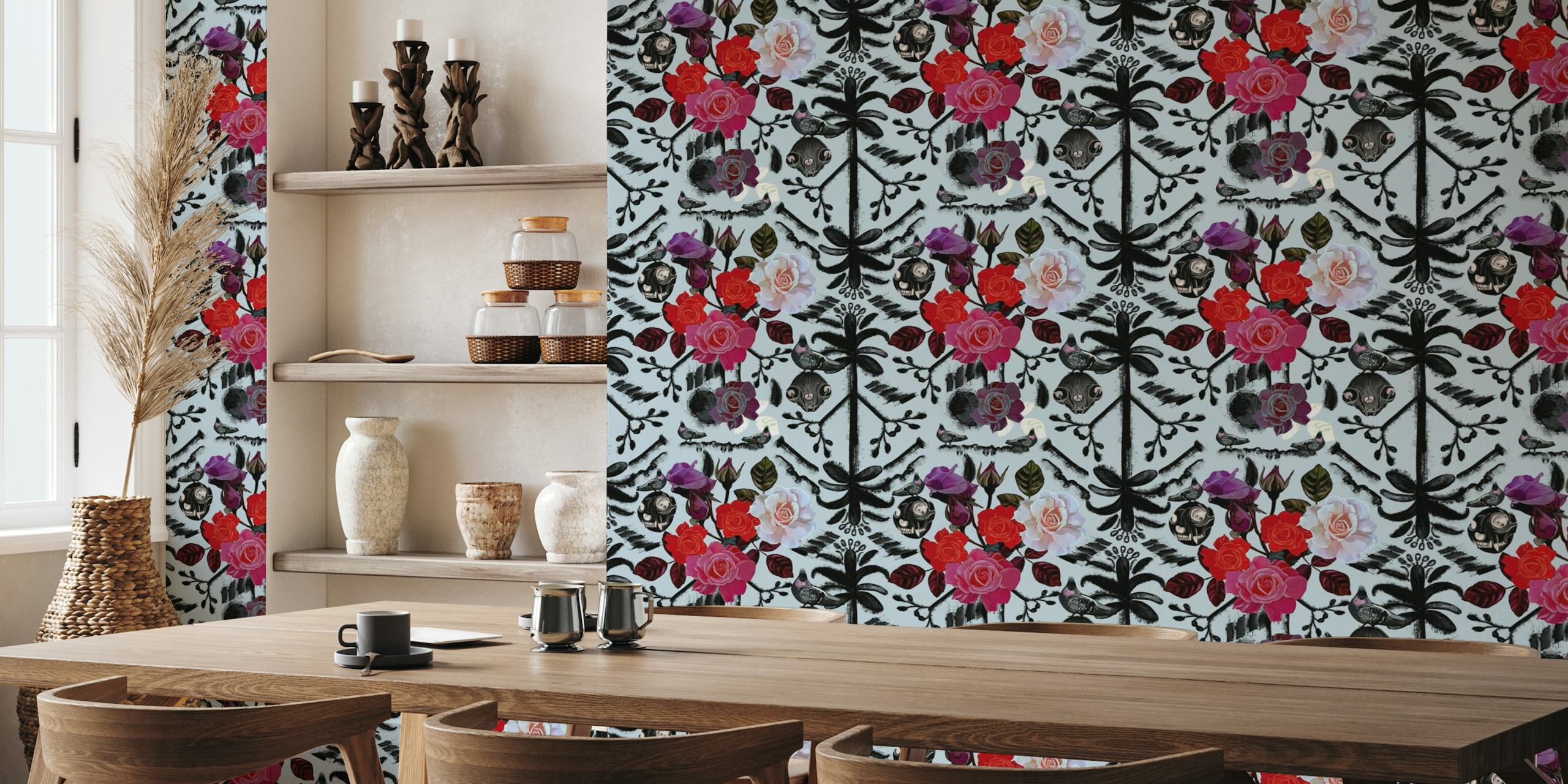 Gothic floral pattern wall mural with roses and dark motifs