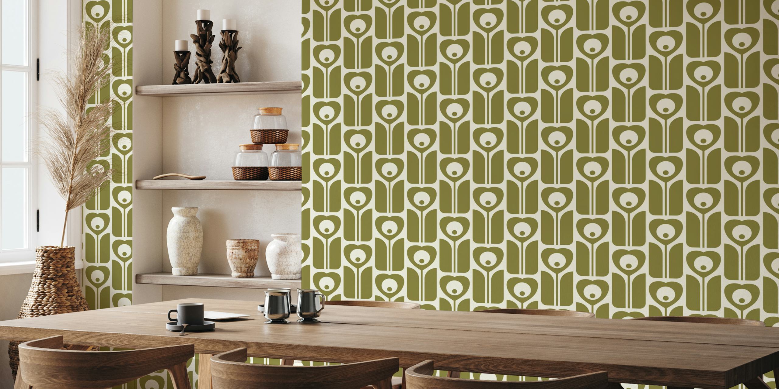 Heart flowers wallpaper in room setting.